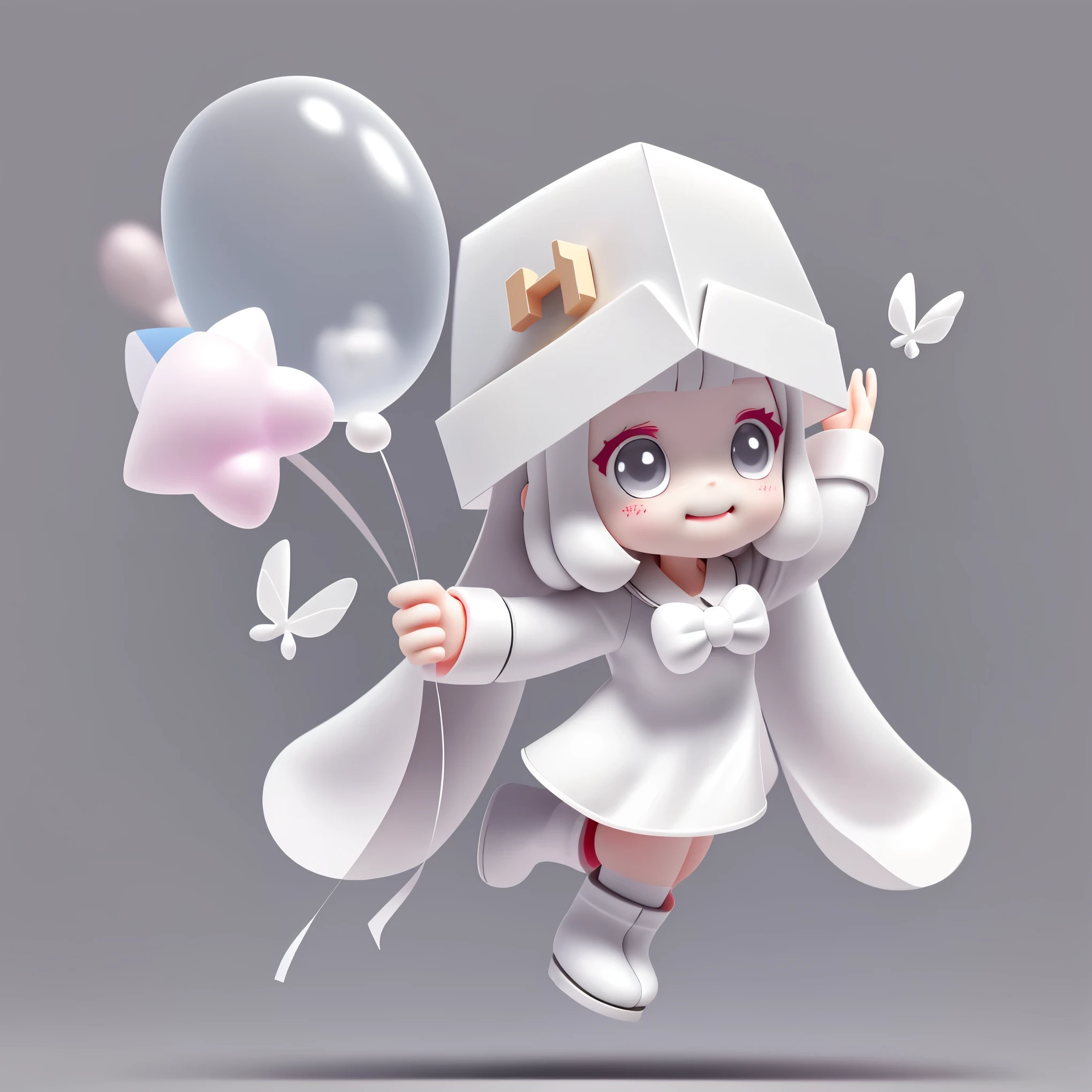 Bubble Mart blind box style,A cute who loves to laugh,Holding two balloons chasing butterflies,Wearing a white box-shaped hat,princess cut hairstyle,Off-white hair,Wearing dark gray skirt and boots