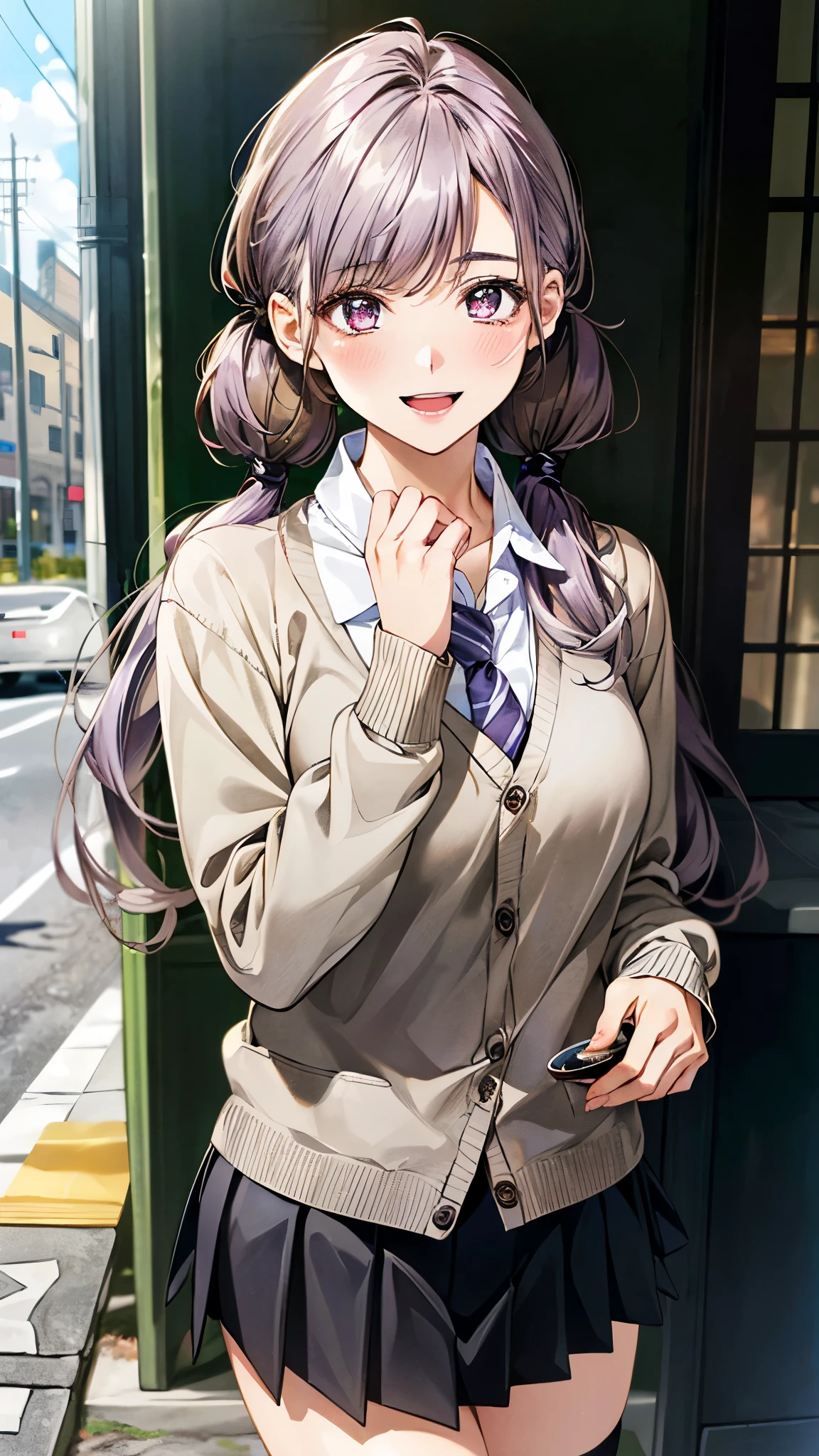 (masterpiece:1.2, top-quality, ultra high res, ultra detailed), (realistic, photorealistic:1.4), beautiful illustration, (natural side lighting, movie lighting), 
looking at viewer, full body, 1 girl, japanese, high school girl, perfect face, (perfect ), cute and symmetrical face, baby face, shiny skin, slender, 
(long hair:1.5, low twintails:1.5, light purple hair), swept bangs, gold eyes, drooping eyes, big eyes, long eye lasher, (medium breasts), 
beautiful hair, beautiful face, beautiful detailed eyes, beautiful clavicle, beautiful body, beautiful chest, beautiful thigh, beautiful legs, beautiful fingers, 
((detailed cloth texture, long sleeves light brown cardigan:1.4, light grey pleated skirt, white collared shirt), dark red tie, white thigh-high), 
(beautiful scenery), day time, (downtown) walking, (eating crepe), (happy smile, open mouth), 