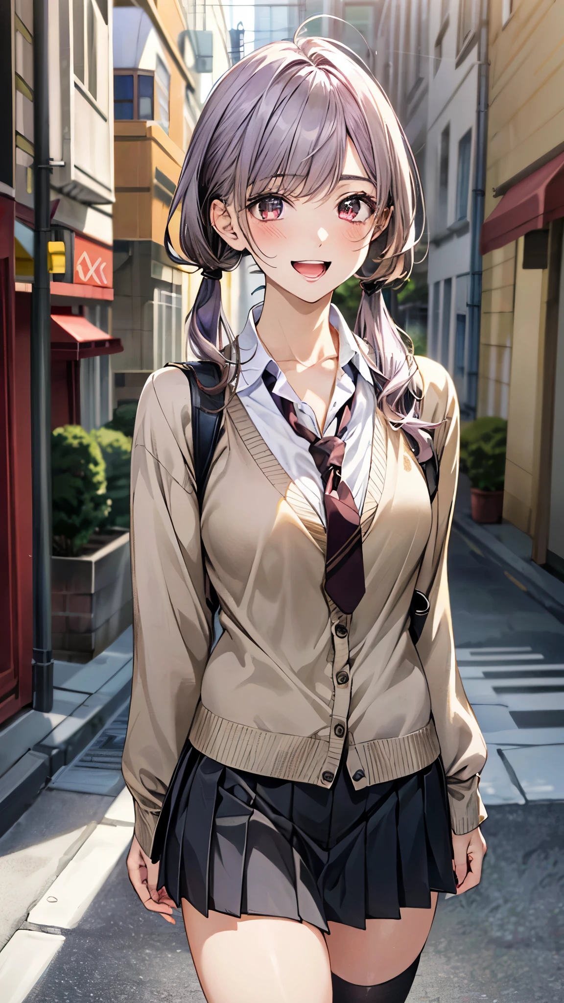 (masterpiece:1.2, top-quality, ultra high res, ultra detailed), (realistic, photorealistic:1.4), beautiful illustration, (natural side lighting, movie lighting), 
looking at viewer, full body, 1 girl, japanese, high school girl, perfect face, (perfect ), cute and symmetrical face, baby face, shiny skin, slender, 
(long hair:1.5, low twintails:1.5, light purple hair), swept bangs, gold eyes, drooping eyes, big eyes, long eye lasher, (medium breasts), 
beautiful hair, beautiful face, beautiful detailed eyes, beautiful clavicle, beautiful body, beautiful chest, beautiful thigh, beautiful legs, beautiful fingers, 
((detailed cloth texture, long sleeves light brown cardigan:1.4, light grey pleated skirt, white collared shirt), dark red tie, white thigh-high), 
(beautiful scenery), day time, (downtown) walking, (eating crepe), (happy smile, open mouth), 