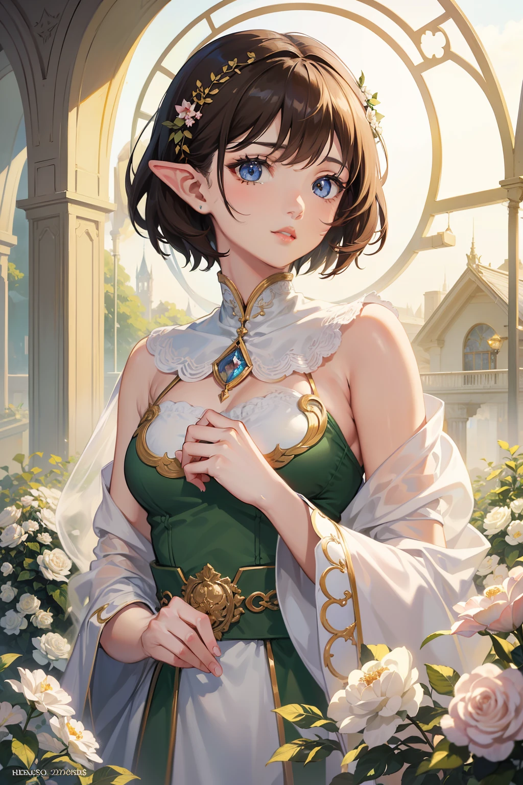 Official Art, Masterpiece European female, elvish, short hair, pale brown hair , brown eyes, (masterpiece、top-quality、hight resolution: 1.4),in 8K, Drawing of a woman with short pale brown hair, Anime Art Nouveau, highly detailed exquisite fanart, anime fantasy illustration, clean detailed anime art, detailed anime art, Sharp Focus, Delicate Beautiful Hair and Eyes and Face, realisitic, ultra-detailliert, flower garden, sunlight