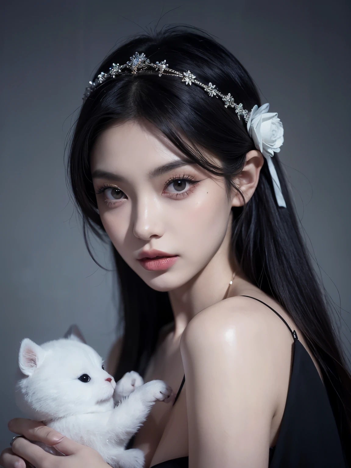 Kim Jennie con el cabello negro oscuro, con rulos en las puntas del cabello negro oscuro, con un ganchito de estrella en el cabello negro oscuro, ojos de color claro, ojos bonitos, nariz bonita y respingada, labios bonitos, labios rosas, heart and cupid shaped lip, piel bonita, pale, piel blanca, con lunares y pecas en todo el rostro, rubor rosa suave en las mejilla, rubor rosa natural, dark and gothic makeup, Jennie gotica, cuellos bonito, cuello marcado, frown, mirada enojada, con un collar de beso, un collar bonito de beso, mientras muestra sus pechos desnudos, mientras tiene los pezones con dos corazones de papel rosa, tiene los pezonnes con corazones de papel rosa (pechos grandes, pechos suaves, pechos bonitos, pechos naturaleirando a la camara, autofoto