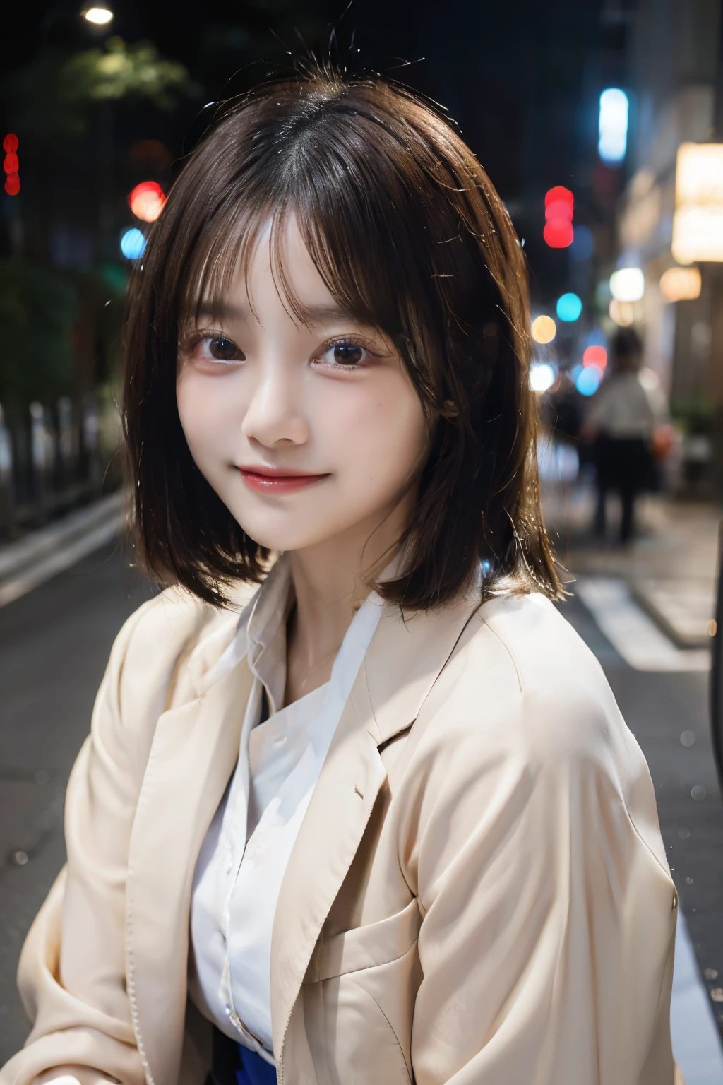 ((highest quality)), ((masterpiece)), (cinematic aesthetic:1.4) Beautiful Asian fashion model bokeh city night photo,Facial features include double eyes,hairstyle short cut,
transparent skin,Hair colorBlonde,From head to shoulder,high school uniform,blazer type uniform,
Happy smile,18Photos of a girl at the age of