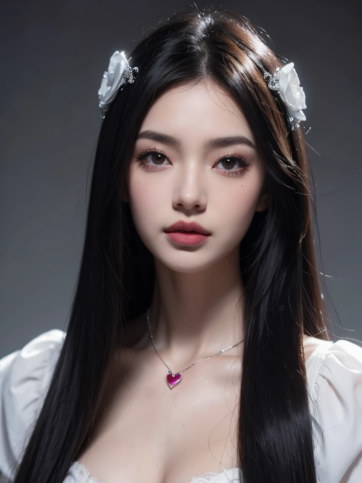 Kim Jennie con el cabello negro oscuro, con rulos en las puntas del cabello negro oscuro, con un ganchito de estrella en el cabello negro oscuro, ojos de color claro, ojos bonitos, nariz bonita y respingada, labios bonitos, labios rosas, heart and cupid shaped lip, piel bonita, pale, piel blanca, con lunares y pecas en todo el rostro, rubor rosa suave en las mejilla, rubor rosa natural, dark and gothic makeup, Jennie gotica, cuellos bonito, cuello marcado, frown, mirada enojada, con un collar de beso, un collar bonito de beso, mientras muestra sus pechos desnudos, mientras tiene los pezones con dos corazones de papel rosa, tiene los pezonnes con corazones de papel rosa (pechos grandes, pechos suaves, pechos bonitos, pechos naturaleirando a la camara, autofoto