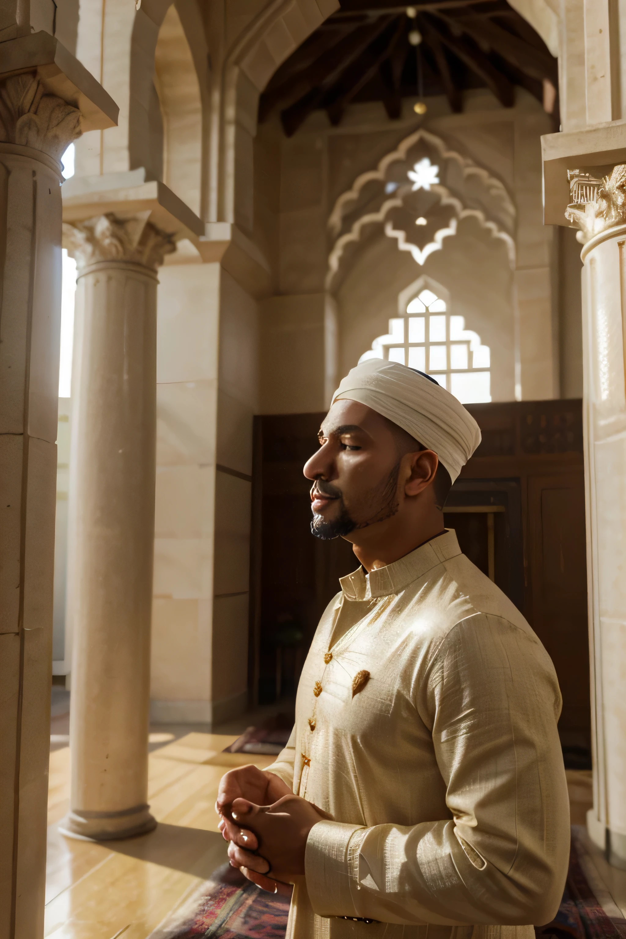 (best quality,4k,8k,highres,masterpiece:1.2),ultra-detailed,(realistic,photorealistic,photo-realistic:1.37),A man wearing a Panjabi, praying inside a majestic and grand mosque. The man is side-faced, bathed in a soft shadow that accentuates the contours of his face. The mosque stands tall and radiates a sense of tranquility and sacredness. The background features a depth of field effect, with a slight blur that adds depth and immerses the viewer in the scene. The overall ambiance of the background is illuminated by a gentle yellow light, creating a warm and peaceful atmosphere. The composition has a Dutch angle that adds a hint of dynamism and visual interest. The focus is from the side, capturing the intricate architectural details of the mosque while maintaining prominence on the man's devoted prayer. The artwork aims to showcase the beauty of Islamic architecture, capture the serenity of prayer, and evoke a sense of spirituality and inner peace.