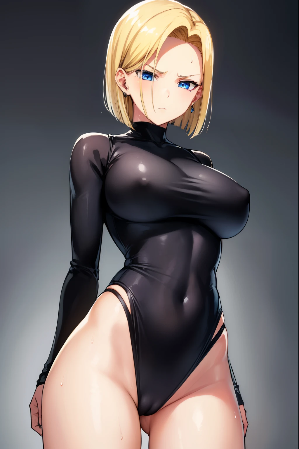 highest quality, High resolution, AND18, 1 girl, android 18, alone, golden hair, blue eyes, short hair,earrings,big breasts, frown,troubled face, Sweat,1 girl, Black tight suit, streak,looking at the viewer,thrust one&#39;s butt at the viewer,backwards