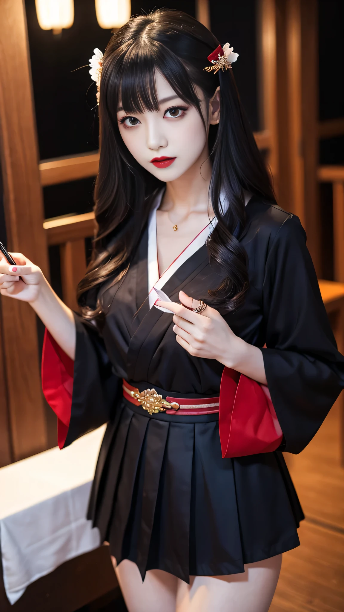 Super detailed、Japanese、charming beauty、seductive adult woman、Beautiful woman、sharp eyes、cool girl、wavy hair、shrine maiden costume、LED skirt、wide sleeve、evilの幹部、evil depravity、brainwashing、Mind control、lipstick、grin、evilな表情、evil、empty eyes、evil、church at night、vampire、vampire、Hypnosis、brainwashinging、Contrasting、makeup brush