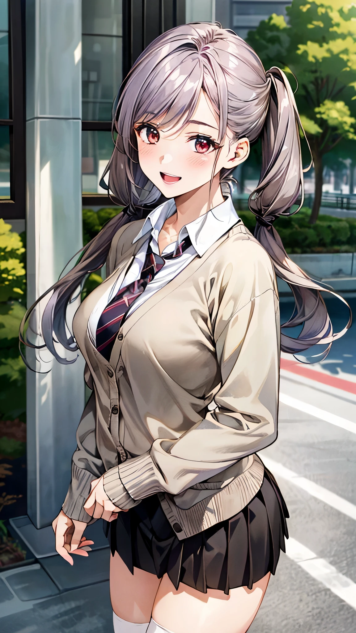 (masterpiece:1.2, top-quality, ultra high res, ultra detailed), (realistic, photorealistic:1.4), beautiful illustration, (natural side lighting, movie lighting), 
looking at viewer, full body, 1 girl, japanese, high school girl, perfect face, (perfect ), cute and symmetrical face, baby face, shiny skin, slender, 
(long hair:1.5, low twintails:1.5, light purple hair), swept bangs, gold eyes, drooping eyes, big eyes, long eye lasher, (medium breasts), 
beautiful hair, beautiful face, beautiful detailed eyes, beautiful clavicle, beautiful body, beautiful chest, beautiful thigh, beautiful legs, beautiful fingers, 
((detailed cloth texture, long sleeves light brown cardigan:1.4, light grey pleated skirt, white collared shirt), dark red tie, white thigh-high), 
(beautiful scenery), day time, (downtown) walking, (eating crepe), (happy smile, open mouth), 