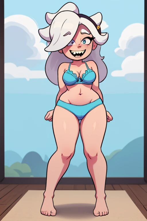 collet, Best quality, Masterpiece, cielv2, 1 girl, solo, looks at the viewer, Exclusively front view, whole body, White hair, Curvy physique, blue bra, blue underpants, standing straight, arms exclusively in a straight position to the sides, crazy smile of sharp teeth
