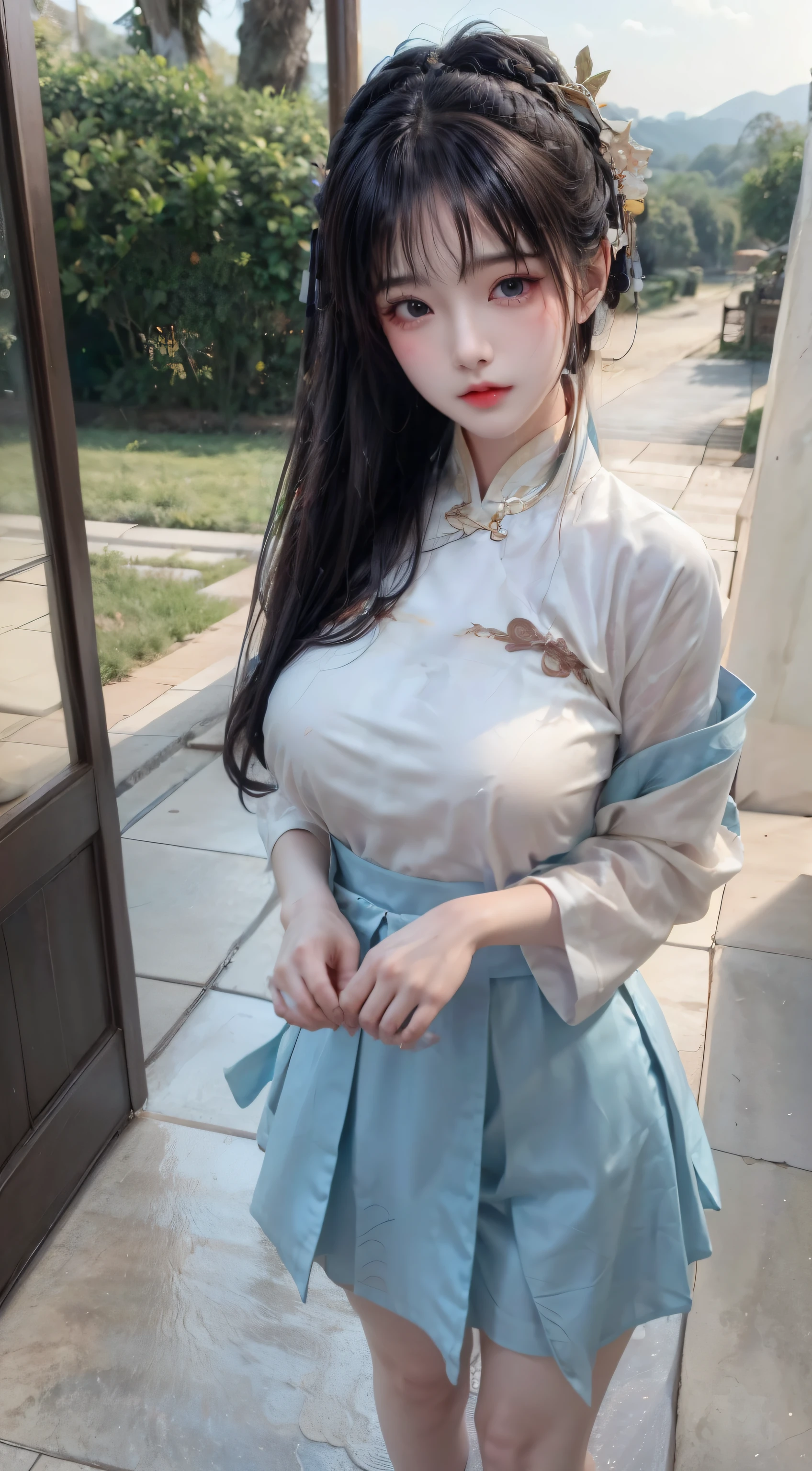 Wet-breasted v-hanfu thin silk have embossed pattern , All pictures, (huge ,cleavage),, white pink, blue ,best qualtiy,tmasterpiece,ultra high resolution,(Real-sense:1.4),RAW photogr,(True skin texture:1.3),(filmgrain:1.3),(Selfie angle),1个Giant Breast Girl,Beautiful eye and face details,tmasterpiece,Best quality at best,exposing thighigchest and big ,The chest more exposed,detailed hair,above looking down,Master quality, highest quality, best picture quality, exaggerated details, a princess 8 year old asian with a shy expression, slightly squinted eyes, adjusting her hair, long eyelashes (long hair / very, very exaggerated big breasts _ tits / in hanfu chinese very wet body, thin cloth silk embossed pattern, short skirt silk), The goddess is shooting a bow in front of the camera, wet throught rain, very wet body, thin cloth embossed pattern gold, green spring and pink white