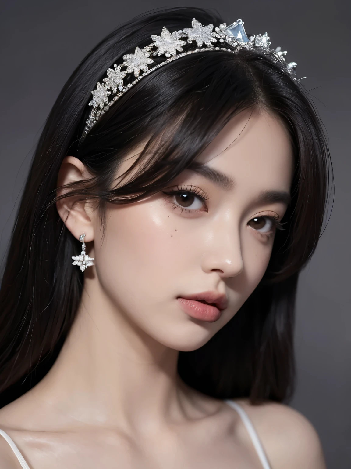 Kim Jennie con el cabello negro oscuro, con rulos en las puntas del cabello negro oscuro, con un ganchito de estrella en el cabello negro oscuro, ojos de color claro, ojos bonitos, nariz bonita y respingada, labios bonitos, labios rosas, heart and cupid shaped lip, piel bonita, pale, piel blanca, con lunares y pecas en todo el rostro, rubor rosa suave en las mejilla, rubor rosa natural, dark and gothic makeup, Jennie gotica, cuellos bonito, cuello marcado, frown, mirada enojada, con un collar de beso, un collar bonito de beso, mientras muestra sus pechos desnudos, mientras tiene los pezones con dos corazones de papel rosa, tiene los pezonnes con corazones de papel rosa (pechos grandes, pechos suaves, pechos bonitos, pechos naturaleirando a la camara, autofoto