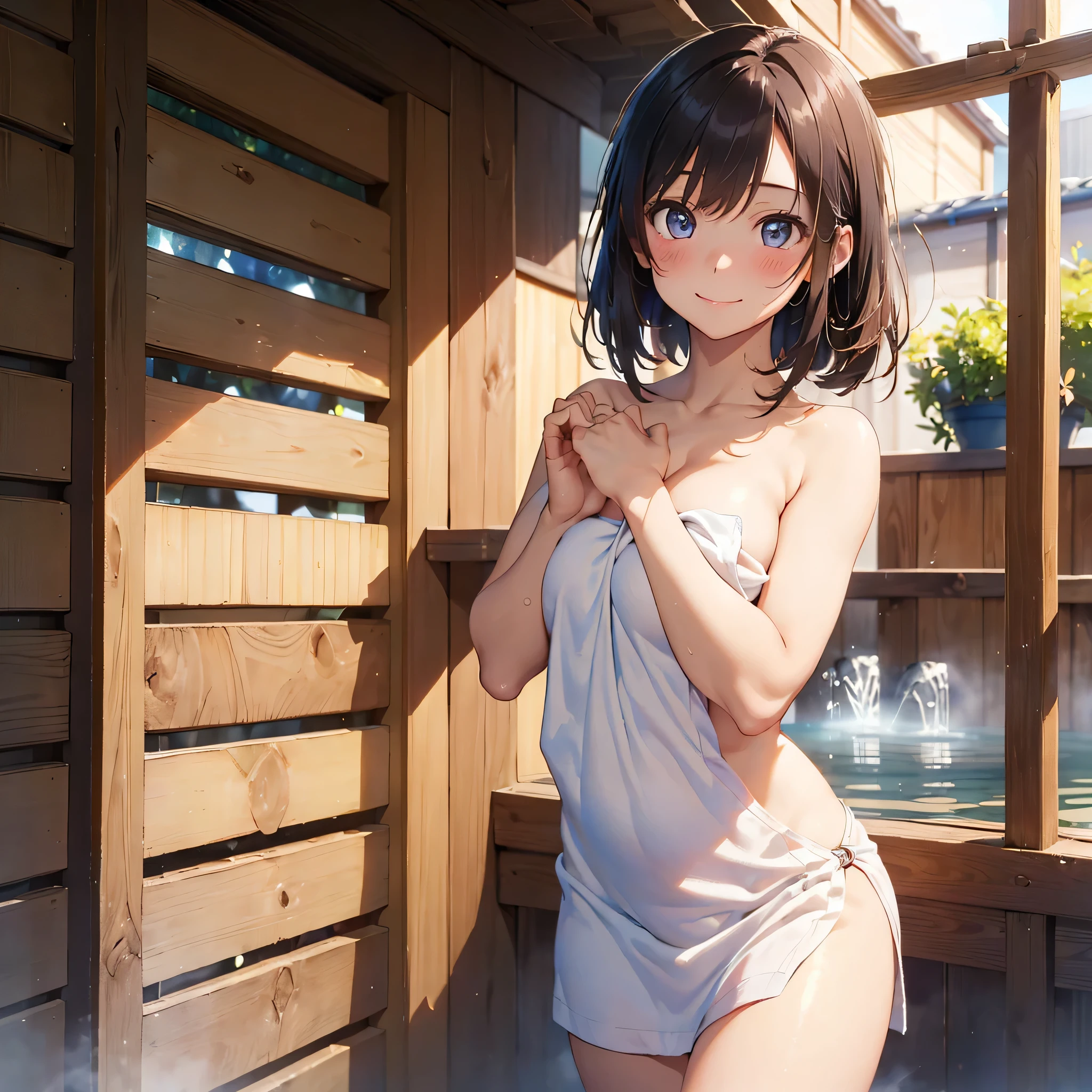 (masterpiece:2.0), (highest quality:2.0), (Leaning forward naked in a hot spring:1.5), (Extra short white tube top towel:1.5), (super sexy pose:1.5), (look up from below:1.5), (perfectly exposed shoulders:1.5), (perfectly exposed nape:1.5), (blushing face:1.5), (cover your crotch with your hands:1.5), (cover your chest with your hands:1.5), (spill :1.5), (realistic:1.5), 1 , very cute girl, precision small hands, You look embarrassed when you look at me, light smile, innocent face, young face, clear eyes, shining eyes, small breasts, I can see the side boob, I can see your shoulders, I can see the cleavage, no pubic hair, dynamic posing, beautiful skin, Super fine, highest resolution, Japanese high school student, golden hair