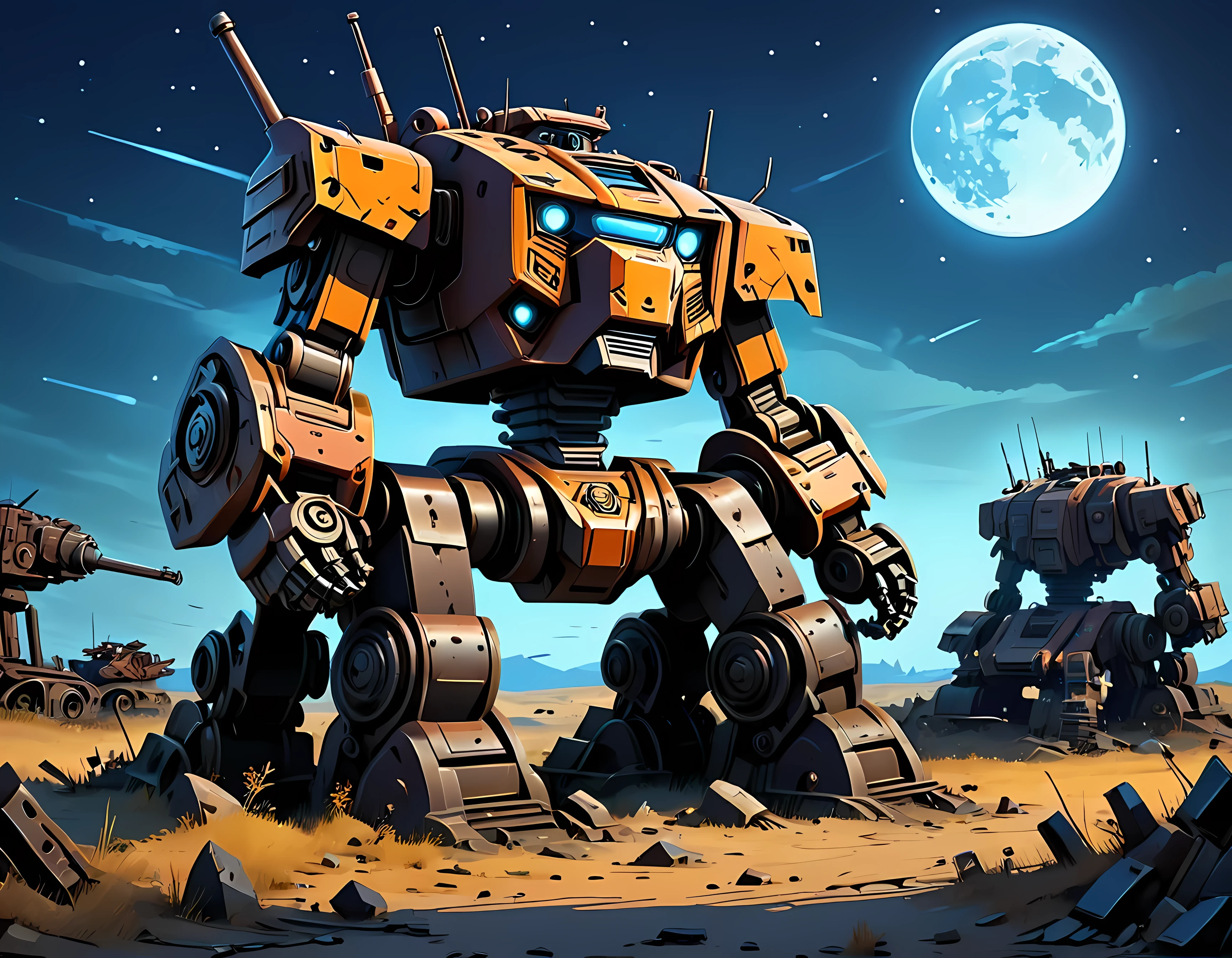 Vector Cartoon Illustration, a vast mech graveyard under a starry moonlit sky, abandoned war machines lie in disrepair, battered and rusted, rows of broken mechs, nature intermingling with metal, a sense of melancholy and nostalgia, masterpiece in maximum 16K resolution, superb quality. | ((More_Detail))