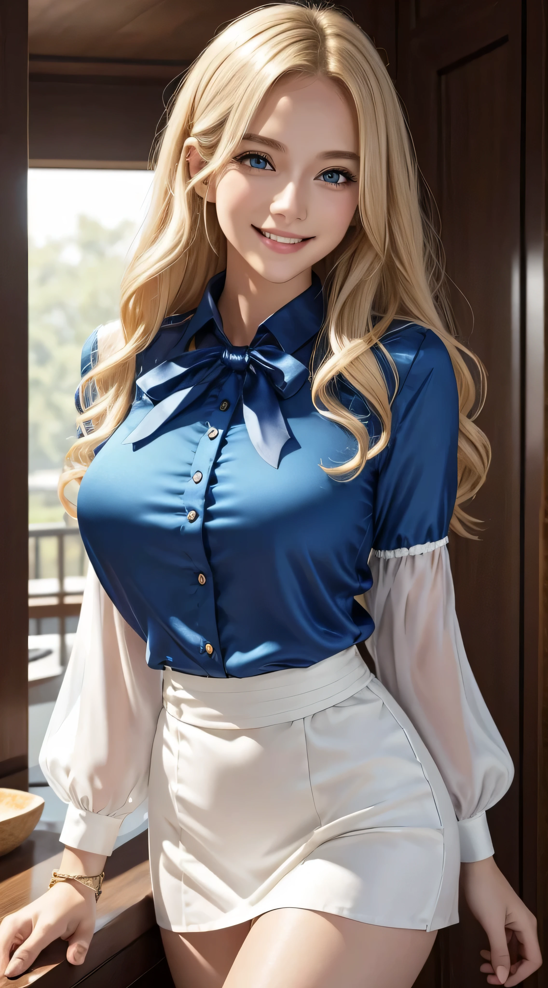 a young blonde with blue eyes and wavy hair down to her waist, ela esta sorrindo, she is showing her teeth, she's in a square, Cena noturna, melhor qualidade, obra-prima, 8k, cinematic lighthing, trabalho premiado.Lush bust、Bewitching beautiful mature elite secretary in luxurious silk blouse、Wearing a satin blouse, ultra-thin fabric、smooth、See-through fabric、tight miniskirt