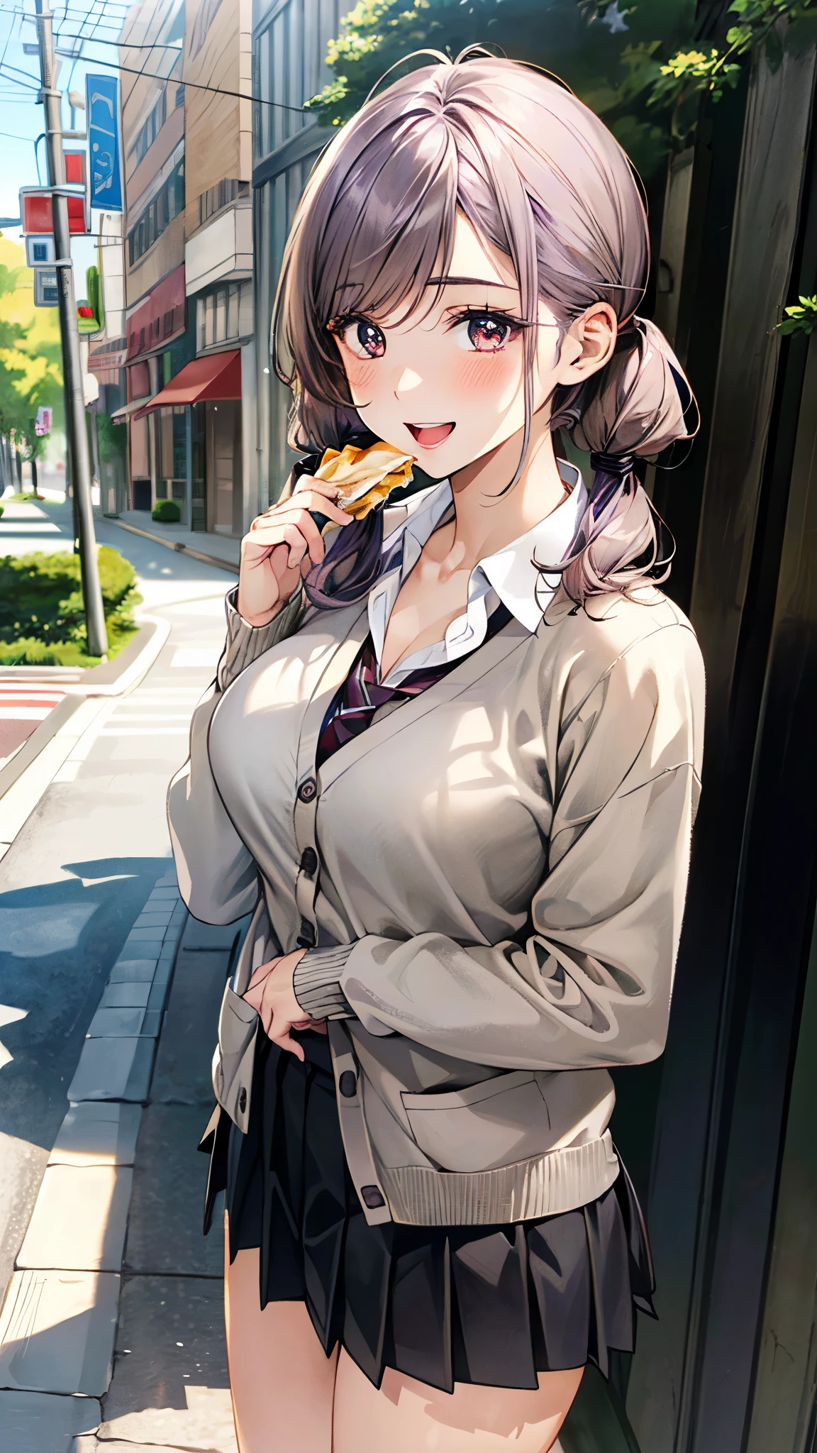 (masterpiece:1.2, top-quality, ultra high res, ultra detailed), (realistic, photorealistic:1.4), beautiful illustration, (natural side lighting, movie lighting),
looking at viewer, full body, 1 girl, japanese, high school girl, perfect face, (perfect anatomy), cute and symmetrical face, , shiny skin, slender,
(long hair:1.5, low twintails:1.5, light purple hair), swept bangs, gold eyes, drooping eyes, big eyes, long eye lasher, (medium breasts),
beautiful hair, beautiful face, beautiful detailed eyes, beautiful clavicle, beautiful body, beautiful chest, beautiful thigh, beautiful legs, beautiful fingers,
((detailed cloth texture, long sleeves light brown cardigan:1.4, light grey pleated skirt, white collared shirt), dark red tie, white thigh-high),
(beautiful scenery), day time, (downtown) walking, ((eating crepe)), (happy smile, open mouth),