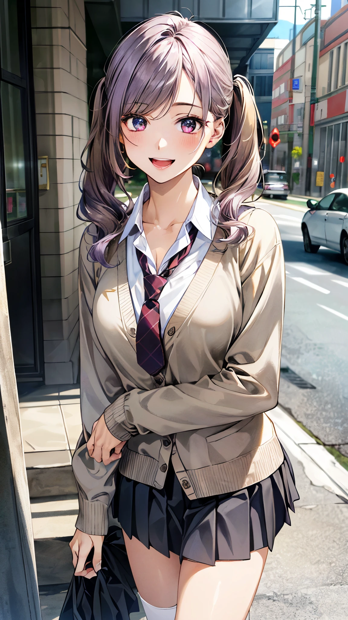 (masterpiece:1.2, top-quality, ultra high res, ultra detailed), (realistic, photorealistic:1.4), beautiful illustration, (natural side lighting, movie lighting),
looking at viewer, full body, 1 girl, japanese, high school girl, perfect face, (perfect anatomy), cute and symmetrical face, , shiny skin, slender,
(long hair:1.5, low twintails:1.5, light purple hair), swept bangs, gold eyes, drooping eyes, big eyes, long eye lasher, (medium breasts),
beautiful hair, beautiful face, beautiful detailed eyes, beautiful clavicle, beautiful body, beautiful chest, beautiful thigh, beautiful legs, beautiful fingers,
((detailed cloth texture, long sleeves light brown cardigan:1.4, light grey pleated skirt, white collared shirt), dark red tie, white thigh-high),
(beautiful scenery), day time, (downtown) walking, ((eating crepe)), (happy smile, open mouth),
