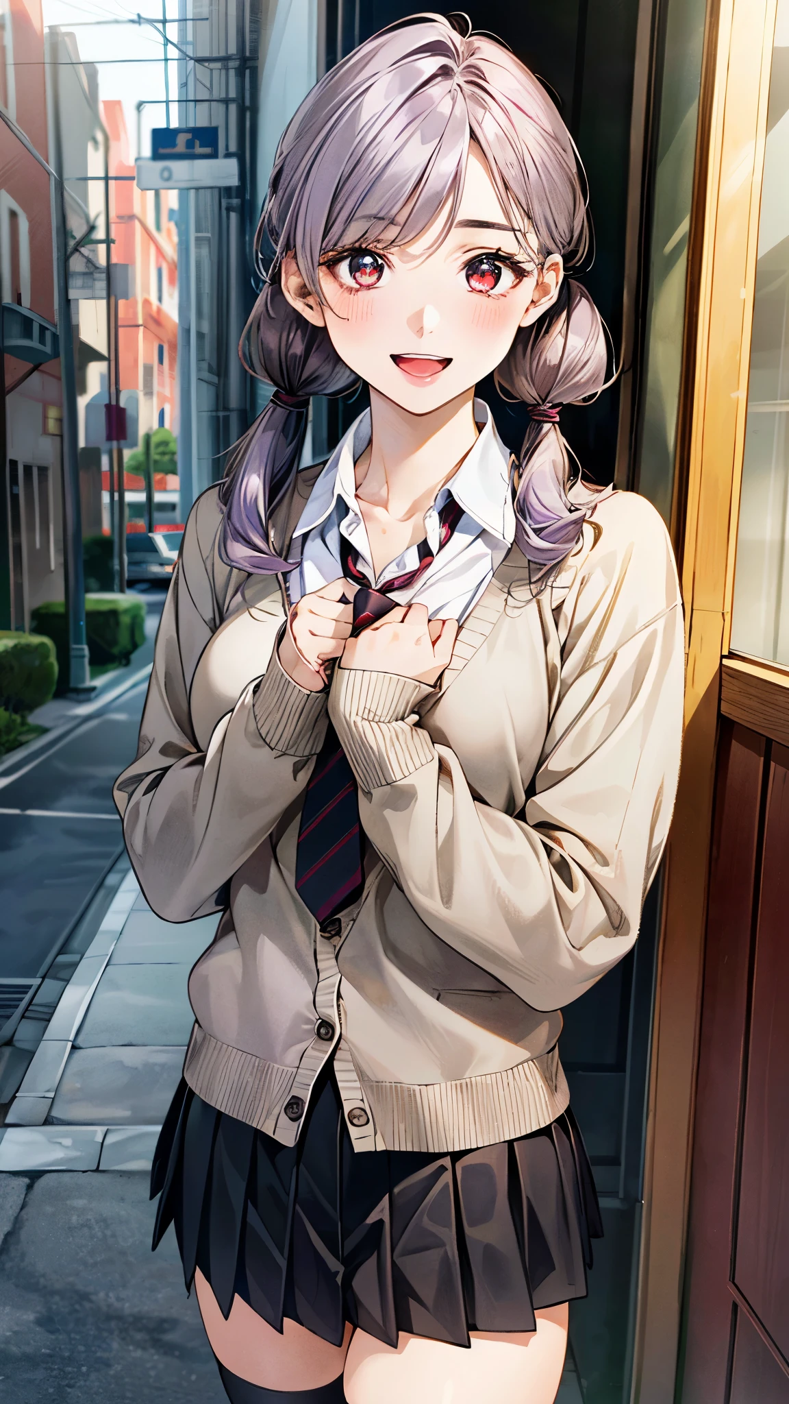 (masterpiece:1.2, top-quality, ultra high res, ultra detailed), (realistic, photorealistic:1.4), beautiful illustration, (natural side lighting, movie lighting),
looking at viewer, full body, 1 girl, japanese, high school girl, perfect face, (perfect anatomy), cute and symmetrical face, baby face, shiny skin, slender,
(long hair:1.5, low twintails:1.5, light purple hair), swept bangs, gold eyes, drooping eyes, big eyes, long eye lasher, (medium breasts),
beautiful hair, beautiful face, beautiful detailed eyes, beautiful clavicle, beautiful body, beautiful chest, beautiful thigh, beautiful legs, beautiful fingers,
((detailed cloth texture, long sleeves light brown cardigan:1.4, light grey pleated skirt, white collared shirt), dark red tie, white thigh-high),
(beautiful scenery), day time, (downtown) walking, ((eating crepe)), (happy smile, open mouth),