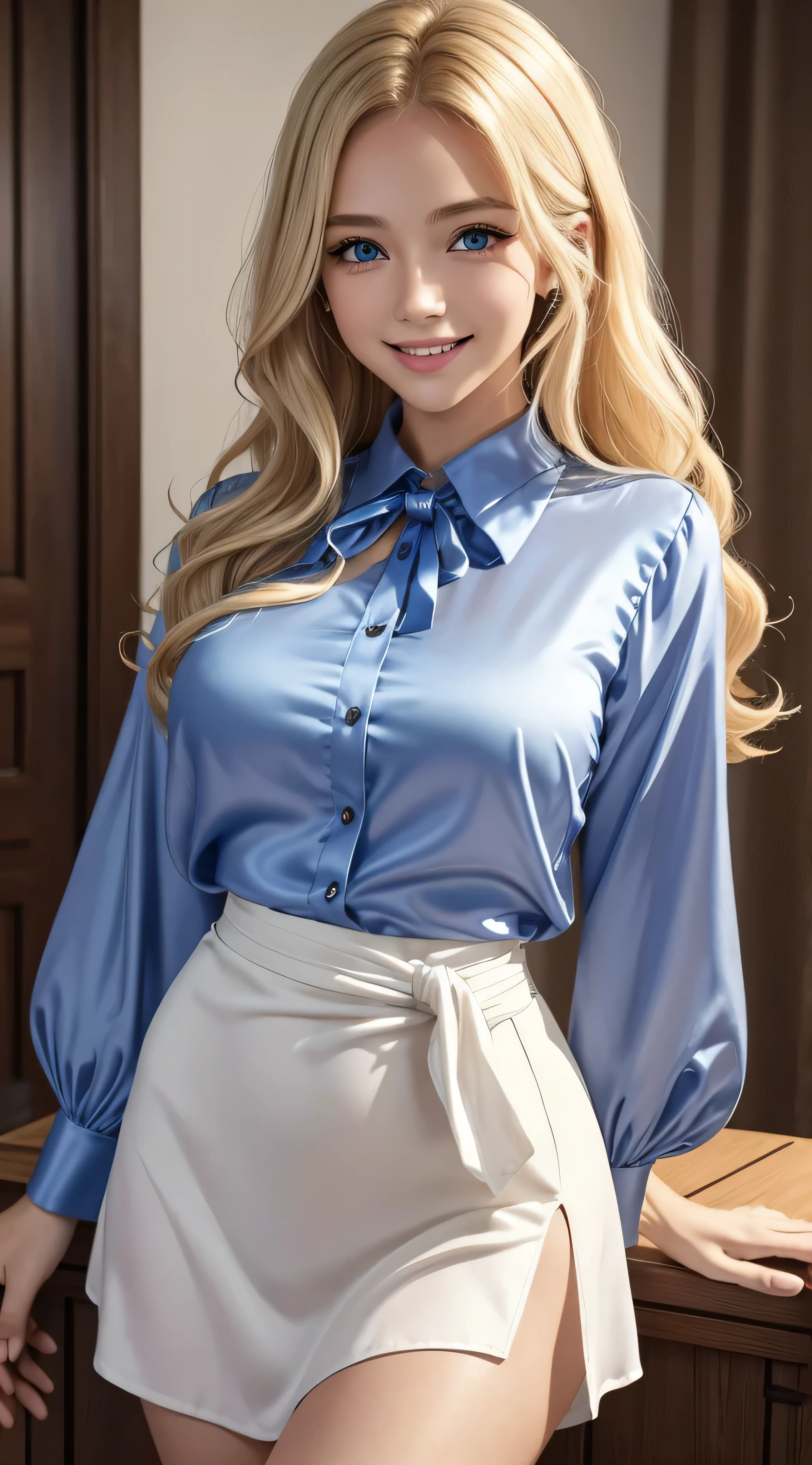 a young blonde with blue eyes and wavy hair down to her waist, ela esta sorrindo, she is showing her teeth, she's in a square, Cena noturna, melhor qualidade, obra-prima, 8k, cinematic lighthing, trabalho premiado.Lush bust、Bewitching beautiful mature elite secretary in luxurious silk blouse、Wearing a satin blouse, ultra-thin fabric、smooth、See-through fabric、tight miniskirt