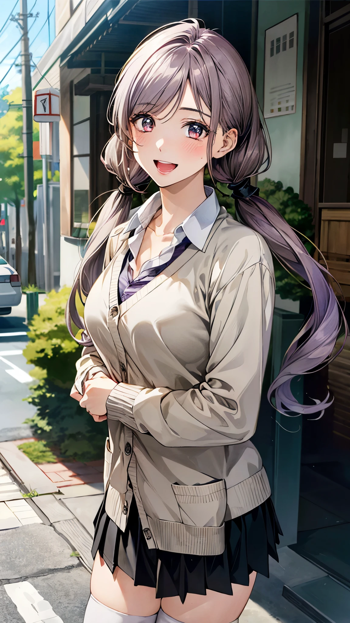 (masterpiece:1.2, top-quality, ultra high res, ultra detailed), (realistic, photorealistic:1.4), beautiful illustration, (natural side lighting, movie lighting), 
looking at viewer, full body, 1 girl, japanese, high school girl, perfect face, (perfect ???????), cute and symmetrical face, baby face, shiny skin, slender, 
(long hair:1.5, low twintails:1.5, light purple hair), swept bangs, gold eyes, drooping eyes, big eyes, long eye lasher, (medium breasts), 
beautiful hair, beautiful face, beautiful detailed eyes, beautiful clavicle, beautiful body, beautiful chest, beautiful thigh, beautiful legs, beautiful fingers, 
((detailed cloth texture, long sleeves light brown cardigan:1.4, light grey pleated skirt, white collared shirt), dark red tie, white thigh-high), 
(beautiful scenery), day time, (downtown) walking, ((eating crepe)), (happy smile, open mouth), 