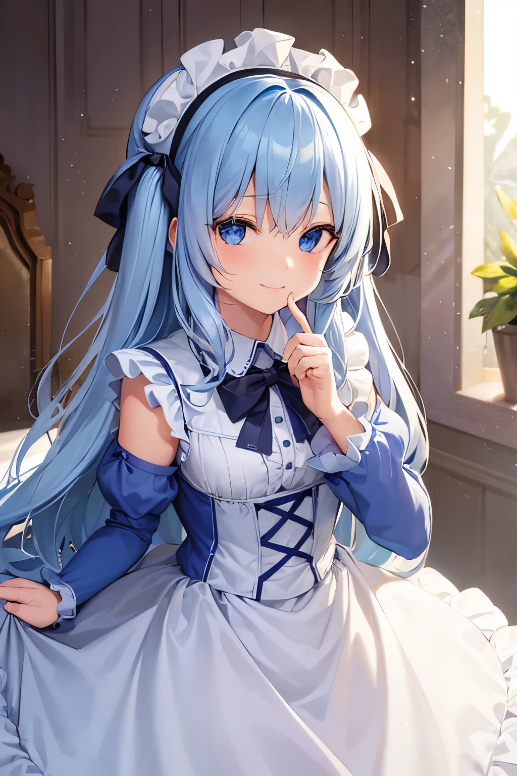 one girl、light blue long hair、blue eyes、jersey maid costume、frills、Cute sleeves、naughty smile、conscious gesture、inside the house、plug in light、in the house、Detailed background、(Highest quality high resolution)、((Masterpiece of the highest quality:1.2)), [[broken face]], [[fused fingers]], [[Finger tangle, polylimb hand]], [[[skin exposure]]]、anime