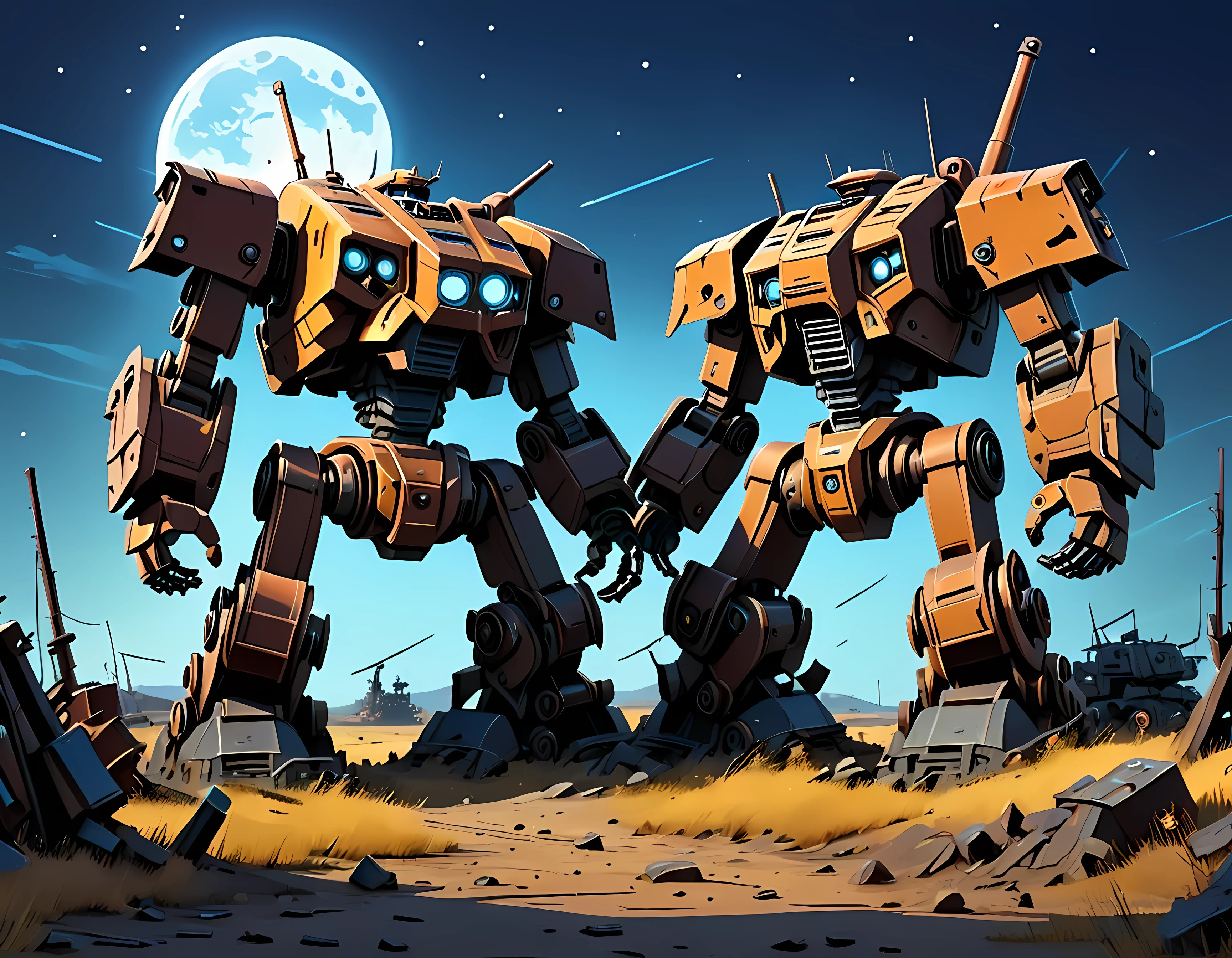 Vector Cartoon Illustration, a vast mech graveyard under a starry moonlit sky, abandoned war machines lie in disrepair, battered and rusted, rows of broken mechs, nature intermingling with metal, a sense of melancholy and nostalgia, masterpiece in maximum 16K resolution, superb quality. | ((More_Detail))