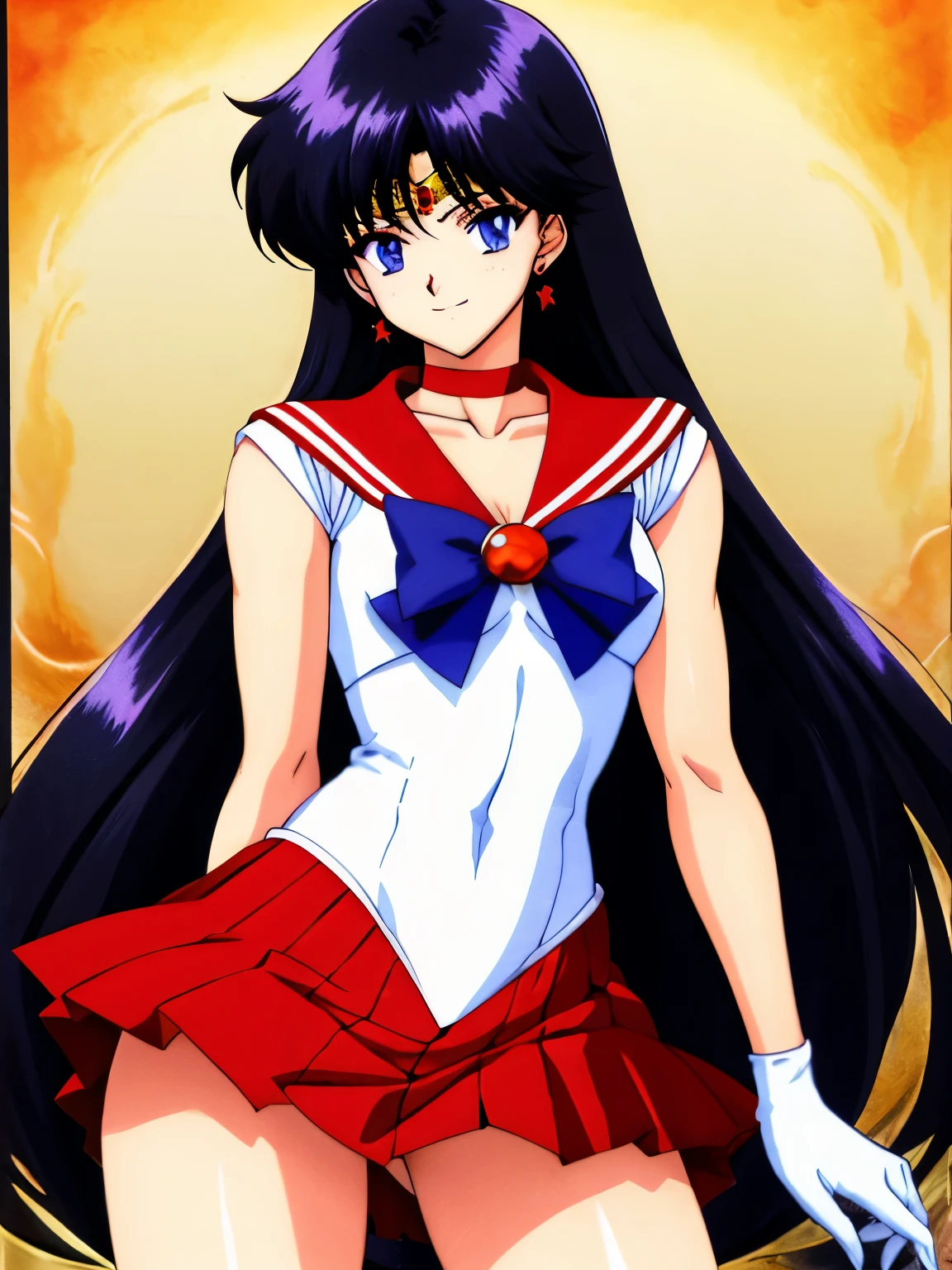 highest quality anime art、masterpiece、High definition、4Kstyle、High resolution、anime boy、cool boy、Male 、gender change、gender change(girl to boy)、sailor warrior uniform、Rei Hino、sailor marasculinization、rating:safe、solo、traditional_media、boy with very long black hair、white gloves、elbow bag、magical boy、between the fingers、red skirt、skirt、earrings、red sailor collar、blue bow tie、jewelry、red choker、bow、white leotard、high leg leotard、white dress、fire、pencil、marker_(medium)、muscular man、burning、cowboy shot、mini skirt、pleated skirt、flames around him、a boy is standing、muscular and strong body、smile、red_back_bow、blue eyed boy、brooch、watercolor_(medium)、long legouth closed、blue_bow_tie、mechanical_pencil、golden circlet、thighs、legs、bare shoulders、bare legs、Hymn to the King as a Prince、(1990s\(style\):0.9)