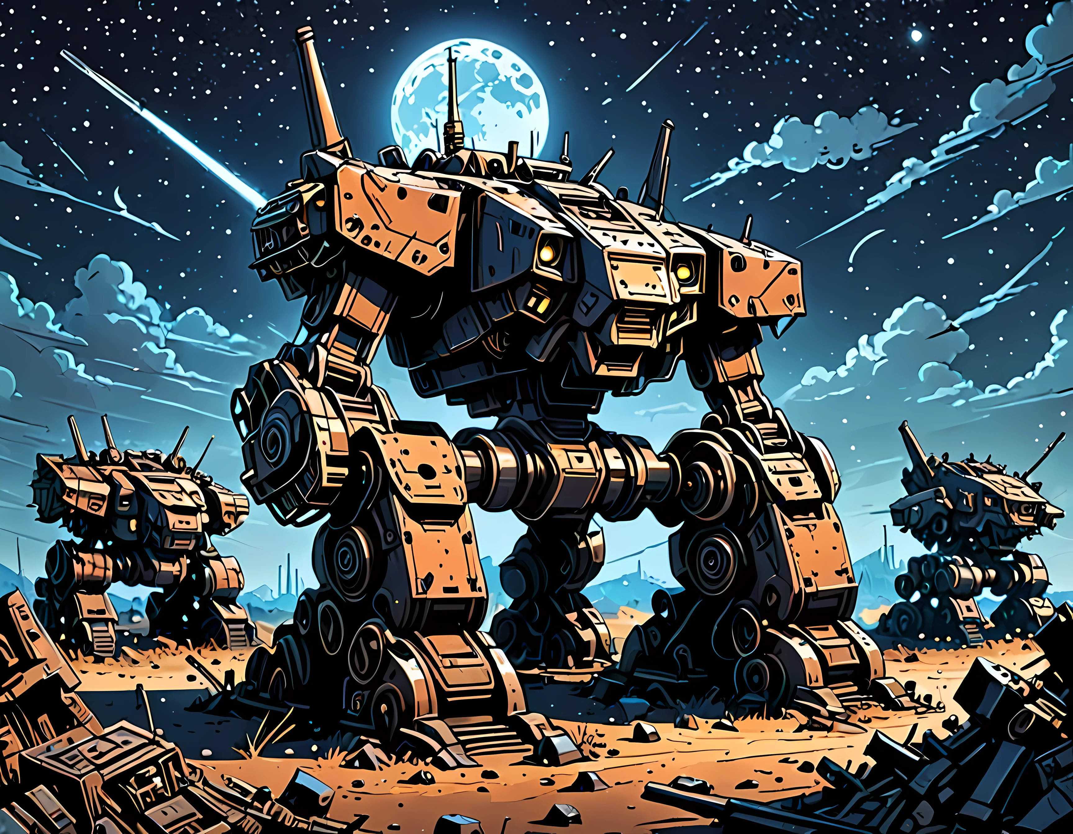 Vector Cartoon Illustration, a vast mech graveyard under a starry moonlit sky, abandoned war machines lie in disrepair, battered and rusted, rows of broken mechs, nature intermingling with metal, a sense of melancholy and nostalgia, masterpiece in maximum 16K resolution, superb quality. | ((More_Detail))