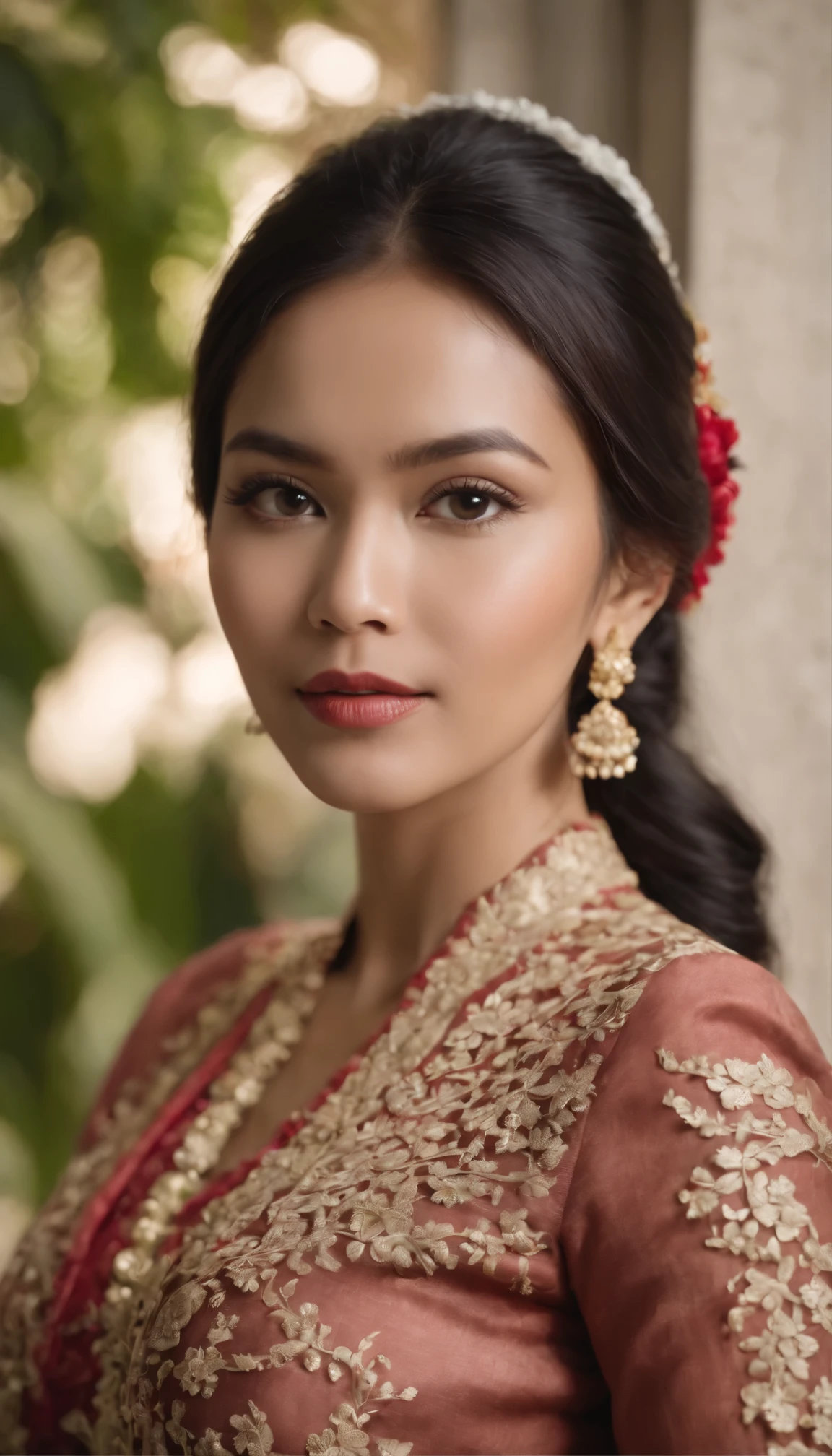 Prompt: Generate IMG, Real life Indonesian woman wearing a kebaya the Majapahit kingdom. eye to camera, eye level angle, natural lighting, realistic, hyperrealistic, photography, very detailed, sharp and complex, high resolution, 8k, ultra HD, awesome, beautiful and aesthetic.