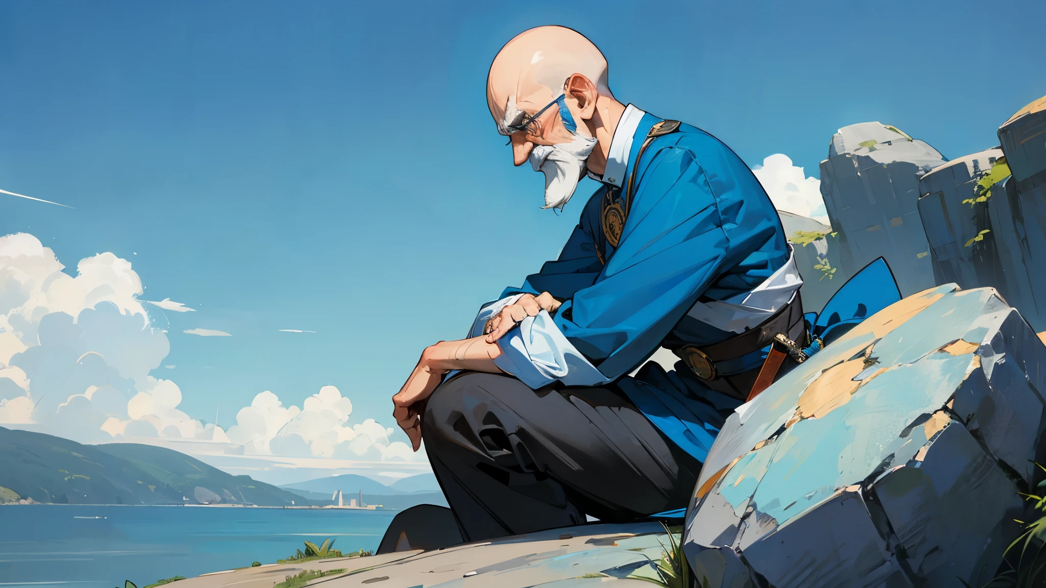 A human hero with blue and white hair, 80 years old, old face, bald head, mustache, sits on a rock. With a sword on the side
