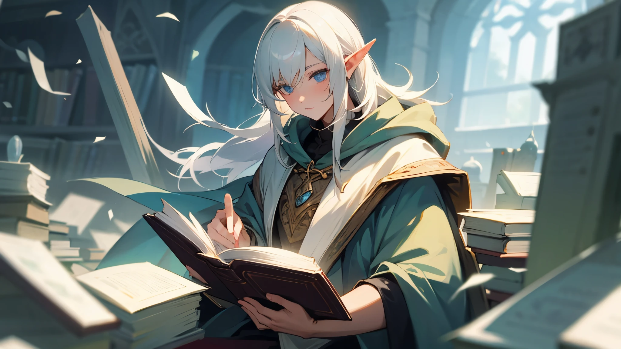 A white-haired elf mage read a book.