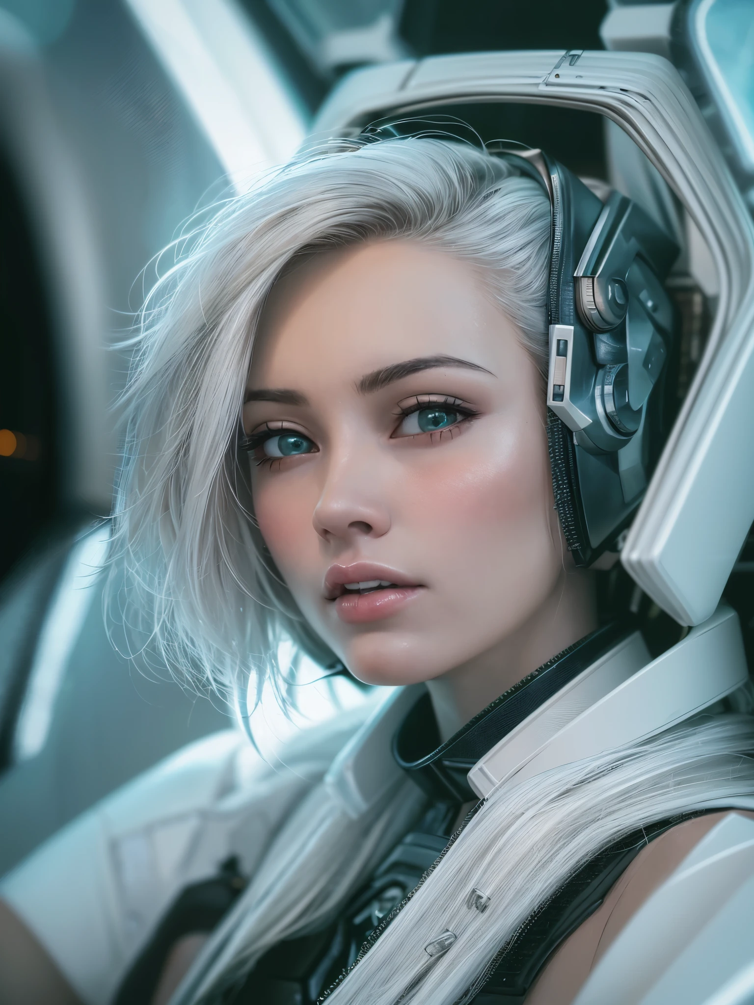 Close-up of a woman sitting in a futuristic car, futuristic style, beautiful white girl cyborg, retro futuristic female android, beautiful cyberpunk female model, wearing white futuristic armor, cyberpunk 20 years. I'm a model girl, dreamy cyberpunk girl, retro futuristic style, wearing futuristic clothes, Portrait of beautiful sci-fi girl, Cyborg - Silver-haired girl, perfect android girl