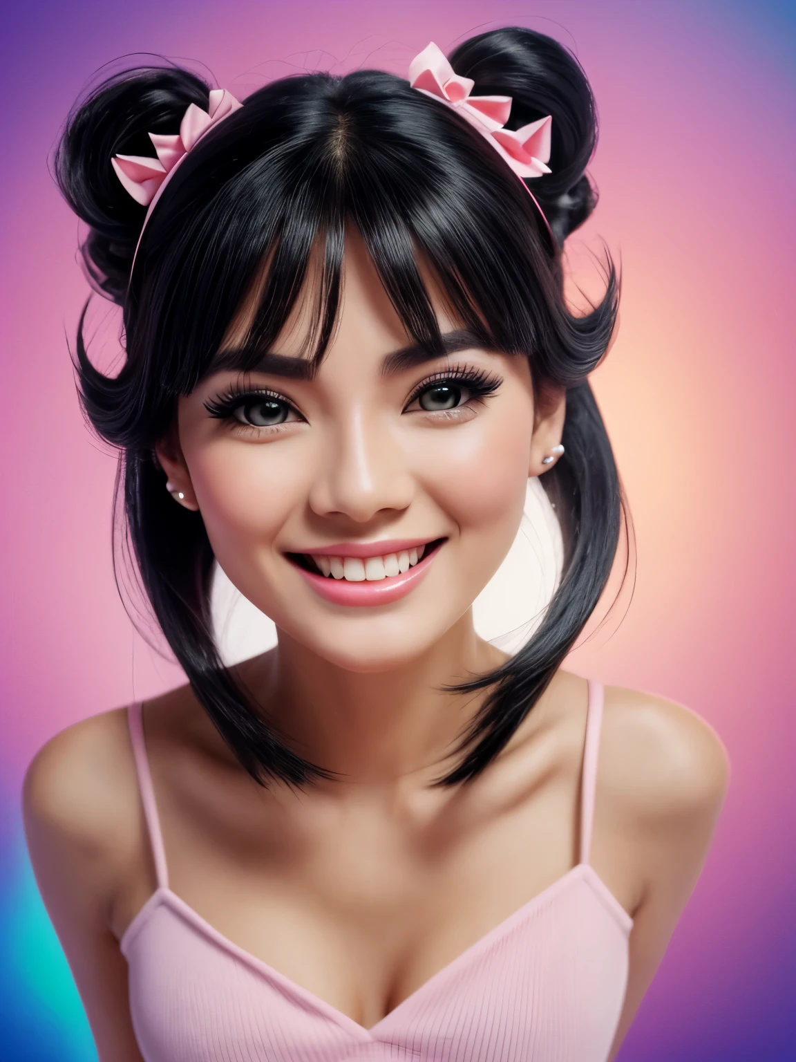 (full body, sharp focus:1.2), (best quality, 4k, highres), black hair, hair bobbles, wince, long eyelashes, solid circle eyes, light smile, ear blush, fang, Surrealism, anaglyph, pov, atmospheric perspective, super detailed, accurate, best quality