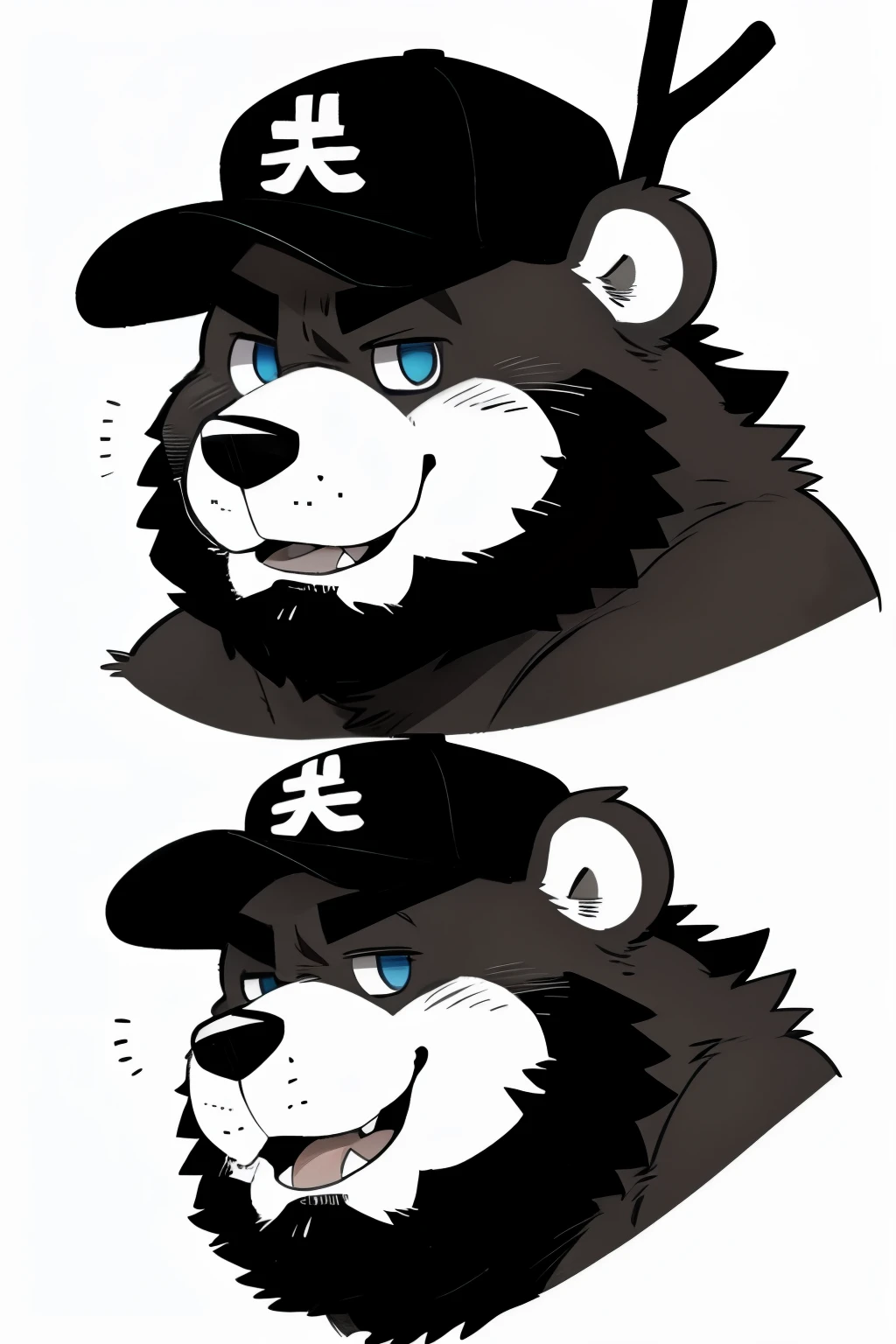 solo, Chubby, furry,male , (((with cap))), ((anthro bear, very plump, middle aged, very plump face , very fat face, very big face, very round face)) , no beard under nose,Thick beard, (((much beard))), seductive , detailed , extremely hot and sexy, clear detailed expressions (detailed eyes and mouth), (((medium shot, features))), ((( Stick figure))), (((portrait, headshot))), character sprite, cartoony, eye level camera, by hyaku ,by darkgem, by glitter trap boy, Face restoration (Perfect mouth，Correct mouth structure，perfect eyes，Correct eye structure), ((( correct lower lip))), ((side view))