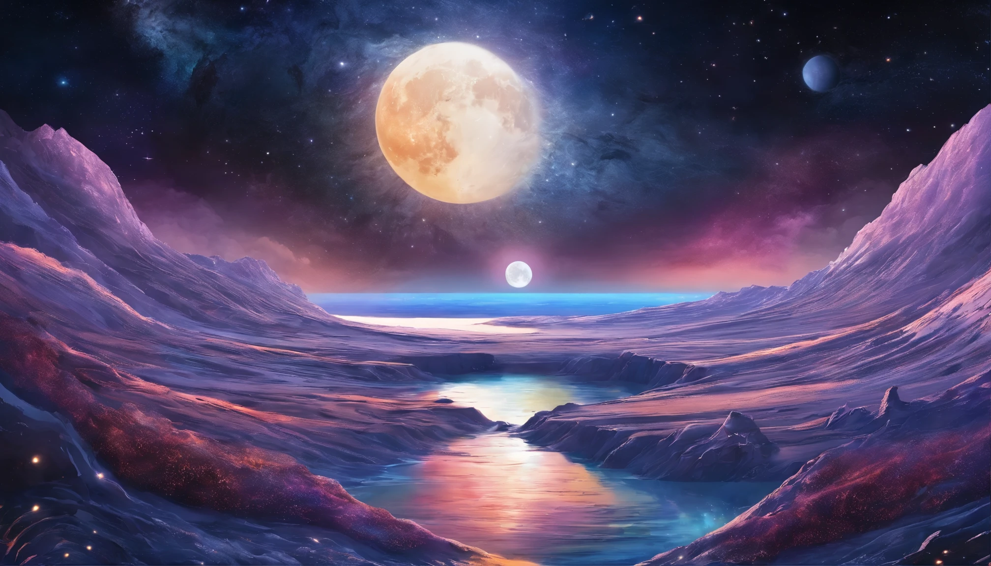 (masterpiece:1.2),detailed moon,detailed earth,night scene,serene atmosphere,lunar surface,tranquil ocean,natural landscape,reflection of moonlight on the water,satellites orbiting earth,stars shining brightly,celestial bodies in the sky,cosmic wonders,gentle waves,stellar beauty,distant galaxies,magnificent universe,awe-inspiring view,astronomical phenomena,deep space,mysterious darkness,quiet solitude,harmony,peaceful exploration of the unknown,lunar exploration mission,moon landing,unforgettable experience,outer space adventure,scientific discovery,wonder of nature,astronomy marvels,cosmic serenity,starlight romance,watercolor illustration,photo-realistic art,moonlit dreams,ethereal landscape,vivid colors,hypnotic beauty,painting-like imagery,impressive clarity,soft glow,dream-like quality,glittering stars,celestial ambiance