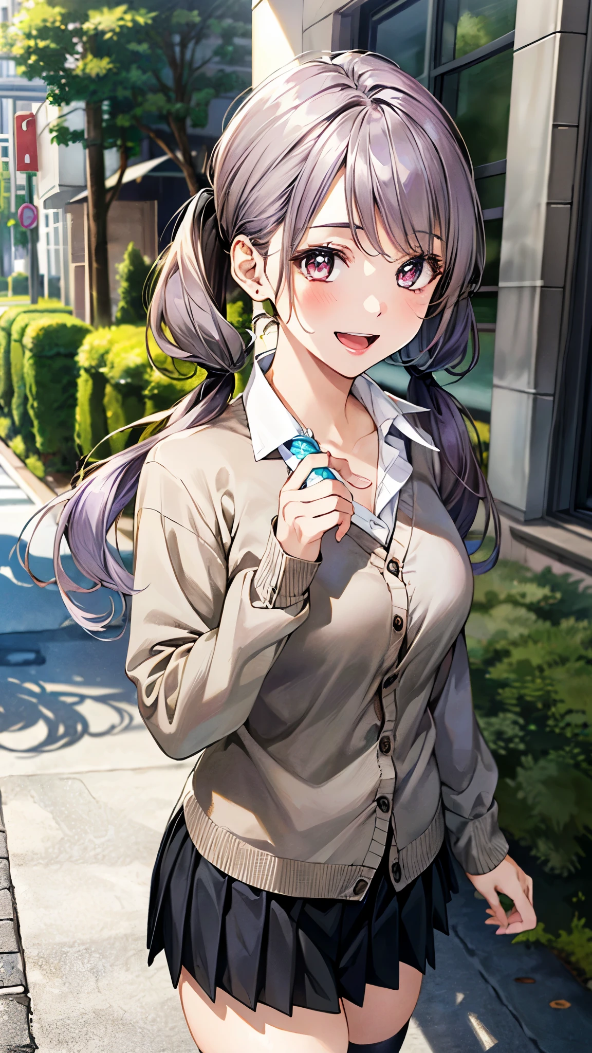 (masterpiece:1.2, top-quality, ultra high res, ultra detailed), (realistic, photorealistic:1.4), beautiful illustration, (natural side lighting, movie lighting),
looking at viewer, full body, 1 girl, japanese, high school girl, perfect face, (perfect anatomy), cute and symmetrical face, , shiny skin, slender,
(long hair:1.5, low twintails:1.5, light purple hair), swept bangs, gold eyes, drooping eyes, big eyes, long eye lasher, (medium breasts),
beautiful hair, beautiful face, beautiful detailed eyes, beautiful clavicle, beautiful body, beautiful chest, beautiful thigh, beautiful legs, beautiful fingers,
((detailed cloth texture, long sleeves light brown cardigan:1.4, light grey pleated skirt, white collared shirt), dark red tie, white thigh-high),
(beautiful scenery), day time, (downtown) walking, ((eating ice cream)), (happy smile, open mouth),