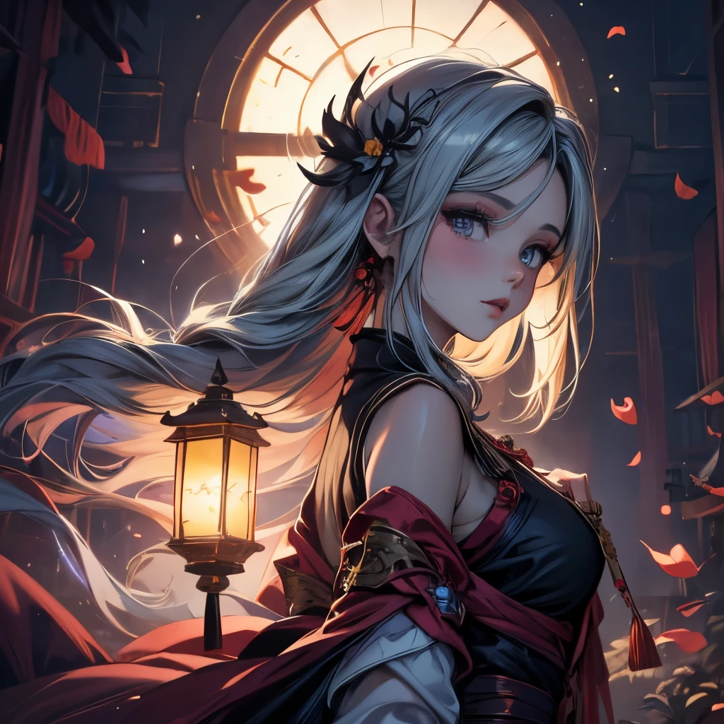 ultra-high detail, cinematic, dark fantasy, fairy tale, girl with a paper lantern, Hanfu, Chinese forest temple, luminous flowers, floating petals, night, magical forest, aesthetics of northern fairy tales, realistic anime painting, luminism, detailed oil painting, complex detailing, Gothic, digital graphics, close-up, complex detailing