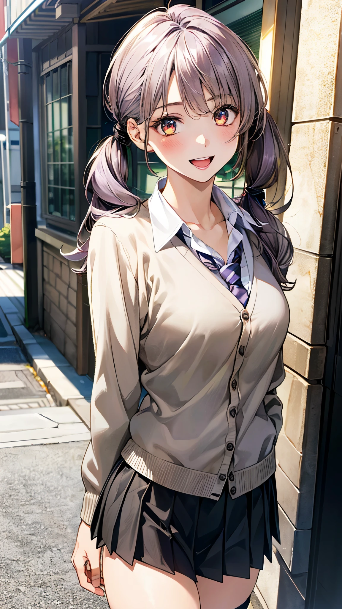 (masterpiece:1.2, top-quality, ultra high res, ultra detailed), (realistic, photorealistic:1.4), beautiful illustration, (natural side lighting, movie lighting),
looking at viewer, full body, 1 girl, japanese, high school girl, perfect face, (perfect anatomy), cute and symmetrical face, baby face, shiny skin, slender,
(long hair:1.5, low twintails:1.5, light purple hair), swept bangs, gold eyes, drooping eyes, big eyes, long eye lasher, (medium breasts),
beautiful hair, beautiful face, beautiful detailed eyes, beautiful clavicle, beautiful body, beautiful chest, beautiful thigh, beautiful legs, beautiful fingers,
((detailed cloth texture, long sleeves light brown cardigan:1.4, light grey pleated skirt, white collared shirt), dark red tie, white thigh-high),
(beautiful scenery), day time, (downtown) walking, ((eating ice cream)), (happy smile, open mouth),