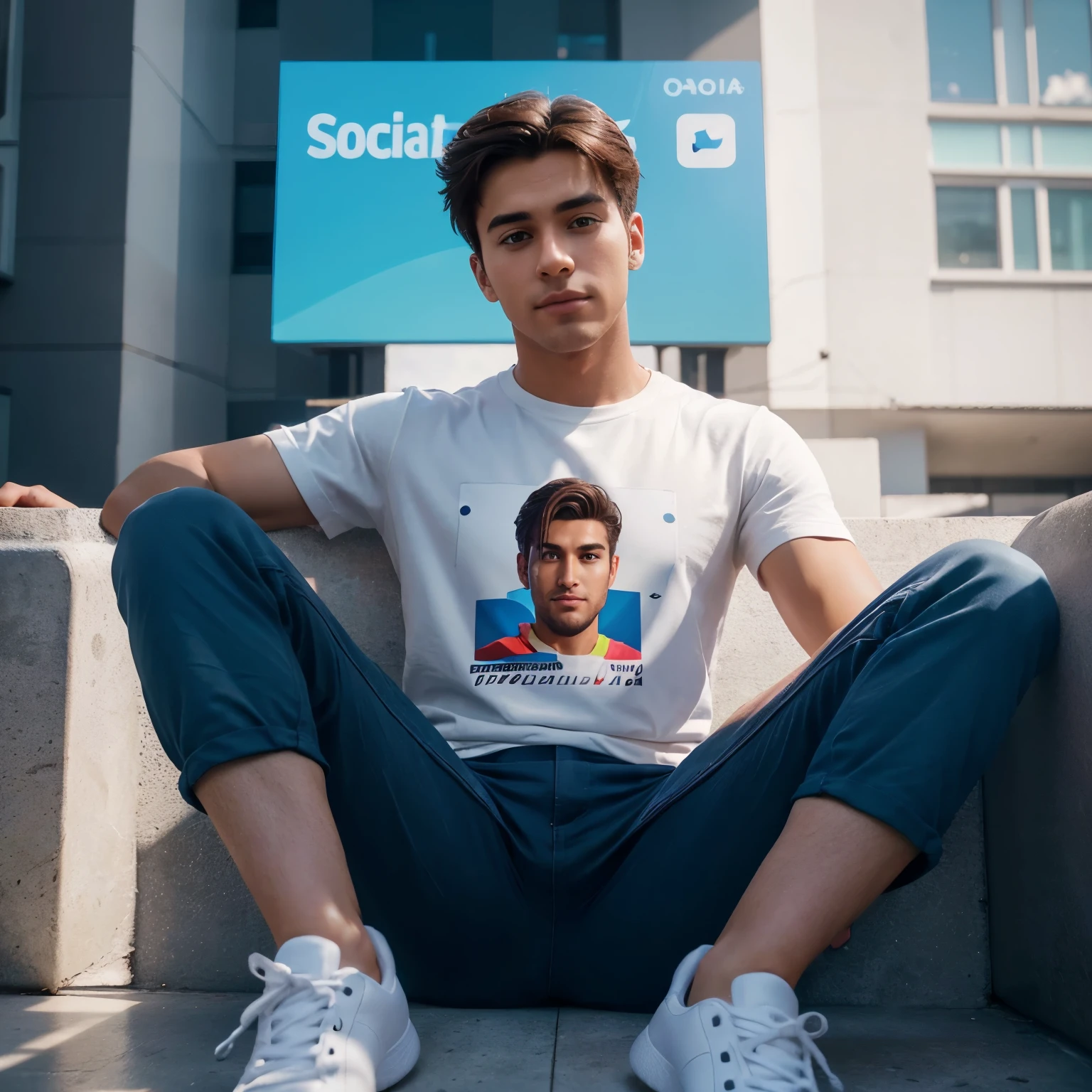 Create a 3D illustration of an animated character of a handsome boy sitting casually on top of a social media logo "Instagram". The character must wear modern dress such as pant, t-shirt and sneakers. The background of the character is mockup of his Instagram profile page with a profile name "Tech Advent" and a profile picture same as character