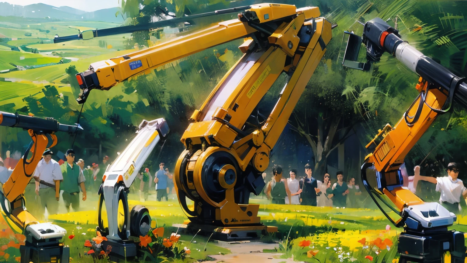 有很多站在flower field里, Many flowers, extended extension arm, with robotic arms, Robotic arm,(橙色的Robotic arm:1.3), pedestrian, flower field,oil painting style,oil paint strokes,Impressionism,The background is woods,Sunlight,flower field后有很多路人,紫色flower field,