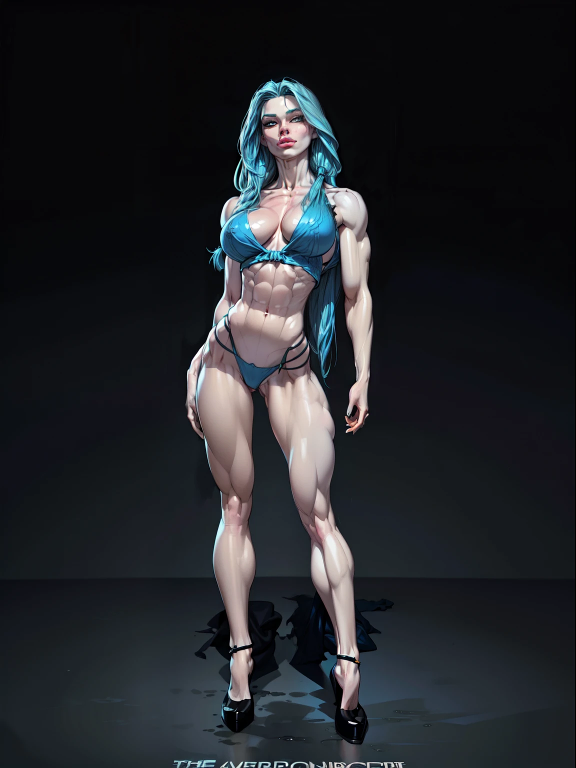 Warrior Woman ((full body view:1.4)) Masterpiece, ((Thepit Style:1.4)), (pale skin:1.5), (long blue hair:1.5), muscled body, Feminine, Huge upper body, wide shoulders, veins, ((beatiful face:1.5)), full lips, slim face, high cheekbones, muscular, in the art style of mohrbacher, In the style of Peter Morbacher