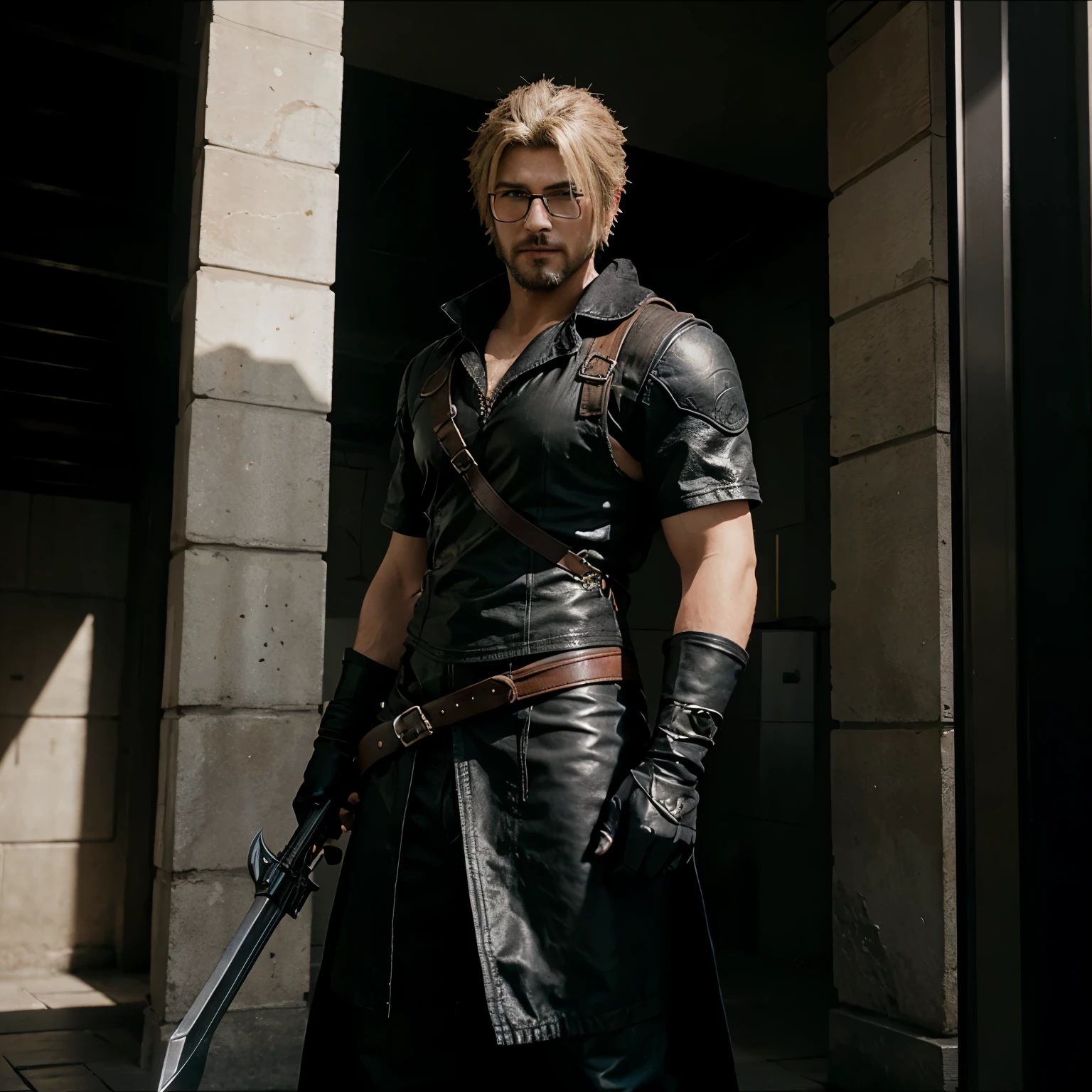 Homme avec grosse barbe noire et lunettes noir cheveux noirs avec chignon ayant armes de Cloud Strife final fantasy dans les mains dans le style Final Fantasy rebirth 