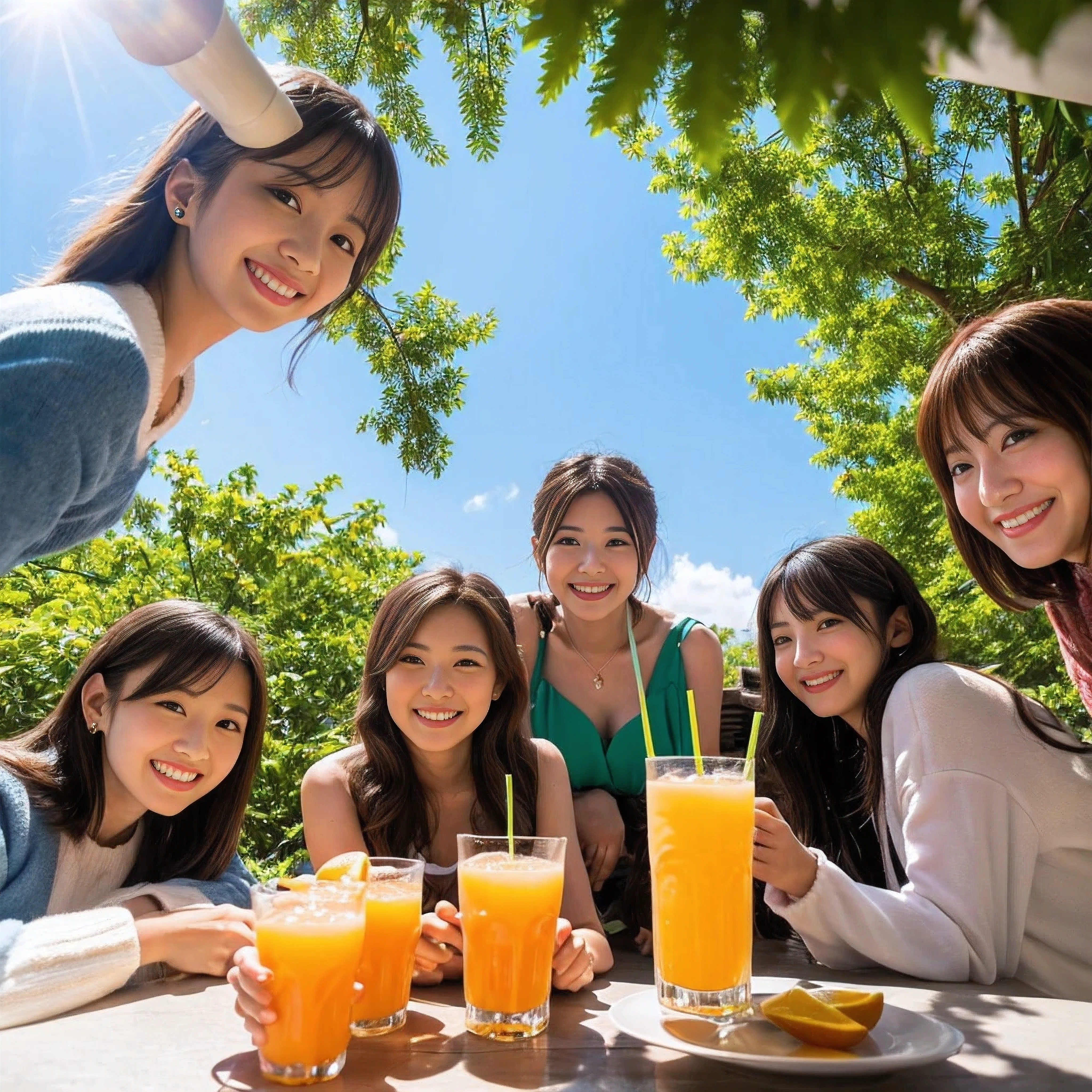 ((Best quality, masterpiece)), five lifelong friends,japanese idol,costume,((orange juice)), warmly embracing, smiling ear-to-ear, surrounded by lush greenery and a crisp blue sky, basking in the sunshine of a perfect day.