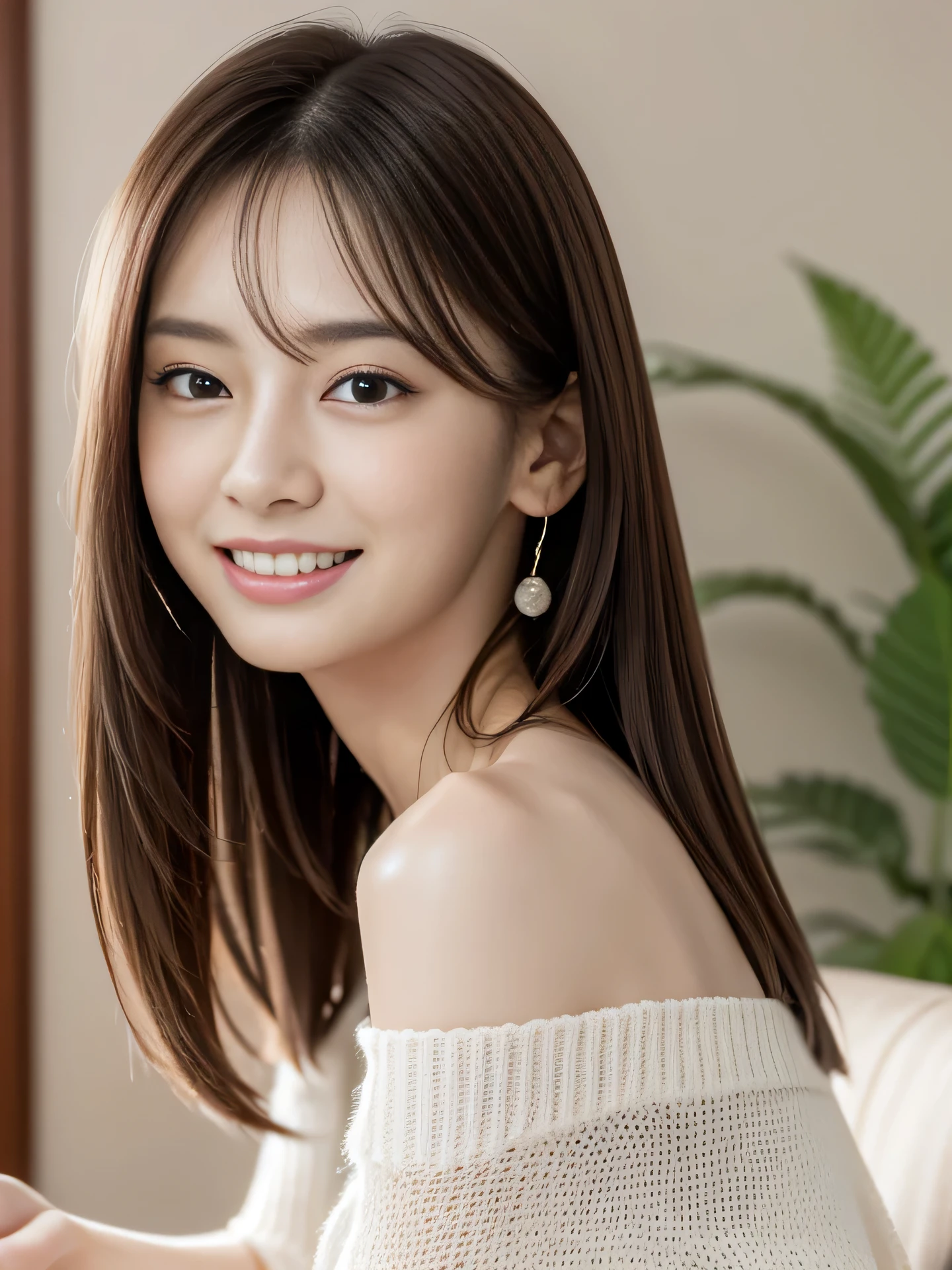 high resolution, RAW photo, photorealistic, extremely delicate and beautiful, extremely detailed, finely detail, extremely detailed CG unity 8k wallpaper, ultra-detailed, (best quality, 8k, 32k, masterpiece, UHD:1.2), Photo of Pretty Japanese model, off shoulder, bare shoulders, white shirt, white cardigan, beautiful and detailed face, clear and beautiful long slit eyes, delicate figure, tall, skinny, medium straight hair, innocent smile, upper teeth, sitting on chair, old Japanese living room, night, dim room, a small light bulb, a hyper realistic, real life anime girl,