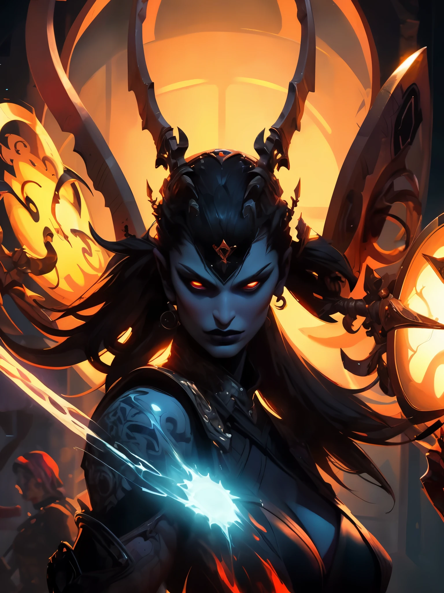 She is a warrior with blood hair,shield and mass,who fights against demons of the underworld,shadows recedes in light,with realistic art,professional,highest quality painting.HDR,UHD,studio lighting,ultra-fine painting,sharp focus,physically-based rendering,extreme detail description,vivid colors,bokeh,paints in abstract art style,vibrant color palette,contrasting lights and shadows