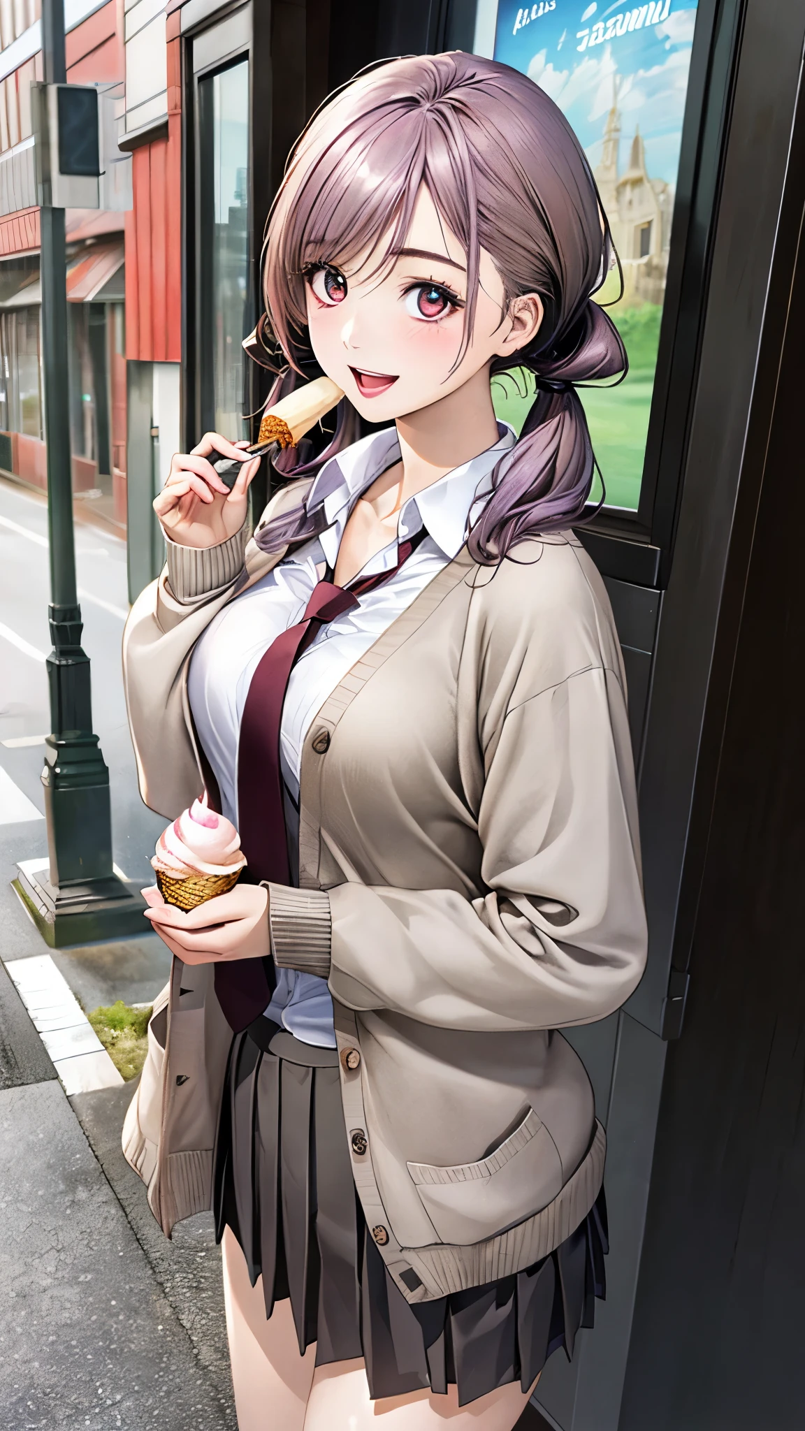 (masterpiece:1.2, top-quality, ultra high res, ultra detailed), (realistic, photorealistic:1.4), beautiful illustration, (natural side lighting, movie lighting),
looking at viewer, full body, 1 girl, japanese, high school girl, perfect face, (perfect anatomy), cute and symmetrical face, baby face, shiny skin, slender,
(long hair:1.5, low twintails:1.5, light purple hair), swept bangs, gold eyes, drooping eyes, big eyes, long eye lasher, (medium breasts),
beautiful hair, beautiful face, beautiful detailed eyes, beautiful clavicle, beautiful body, beautiful chest, beautiful thigh, beautiful legs, beautiful fingers,
((detailed cloth texture, long sleeves light brown cardigan:1.4, light grey pleated skirt, white collared shirt), dark red tie, white thigh-high),
(beautiful scenery), day time, (downtown) walking, ((eating ice cream)), (happy smile, open mouth),