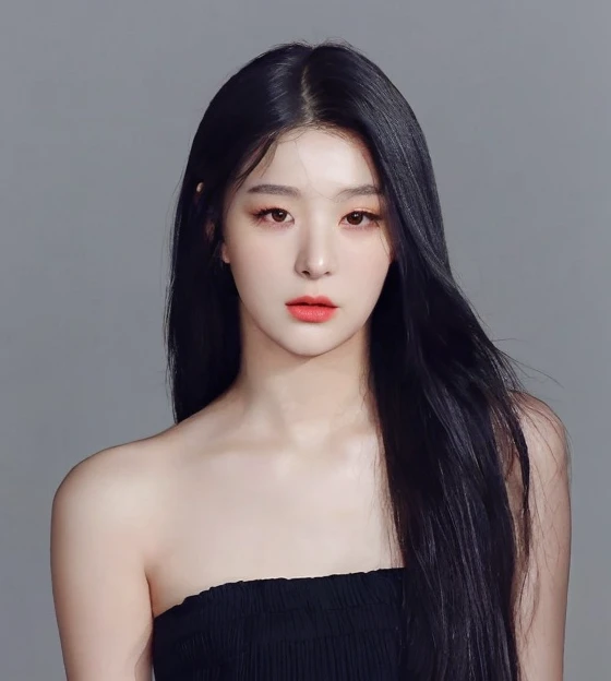 a close up of a woman with long black hair wearing a black tube dress, beautiful south korean woman, fierce eyes, almond-shaped, detailed face, detailed eyes, detailed nose, detailed lips, fox-like eyes, fox-shaped eyes, seulgi, kang seulgi, ulzzang, beautiful, perfect face, model, goddes beauty