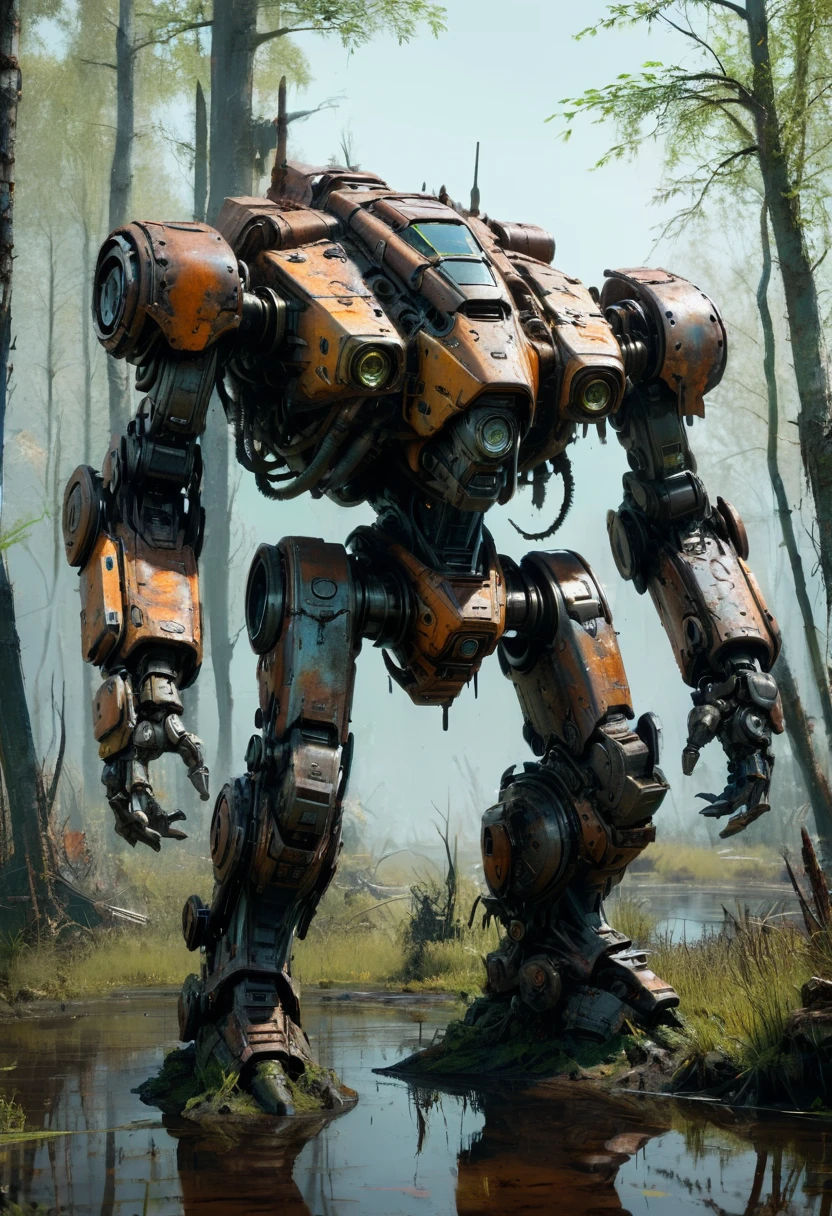 Abandoned Mech, swamp, rust, corrosion, (best quality, masterpiece, Representative work, official art, Professional, Ultra intricate detailed, 8k:1.3)
