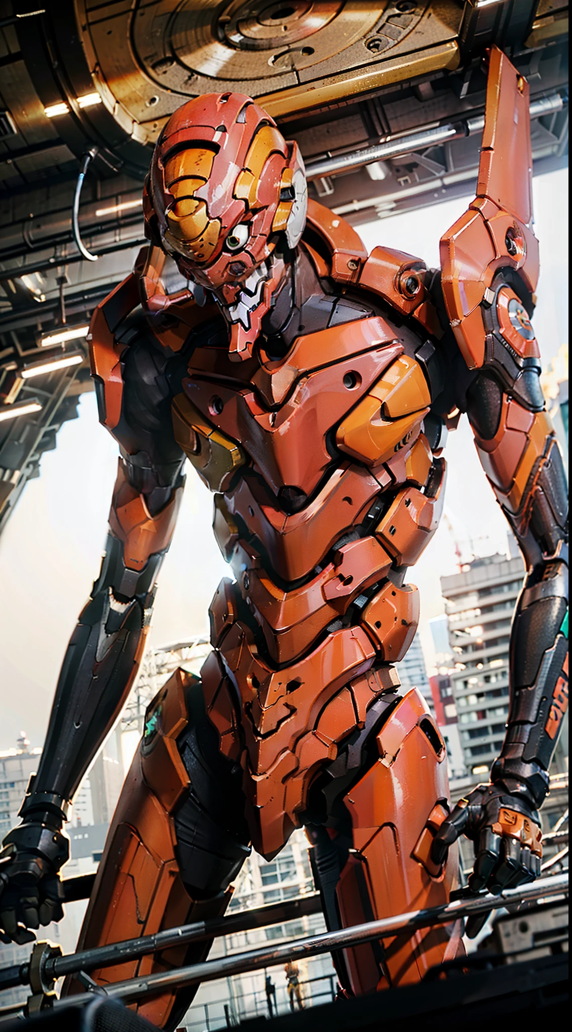 (Eva 02), God Eva, Evangelion Mecha, Science Fiction, Looking at the Audience, 3d Rendering, (Official Art, Best Quality, Masterpiece: 1.2), Illustration, High Resolution, Beautiful Abstract Background, Futurism, Cyberpunk, Intense Angle,