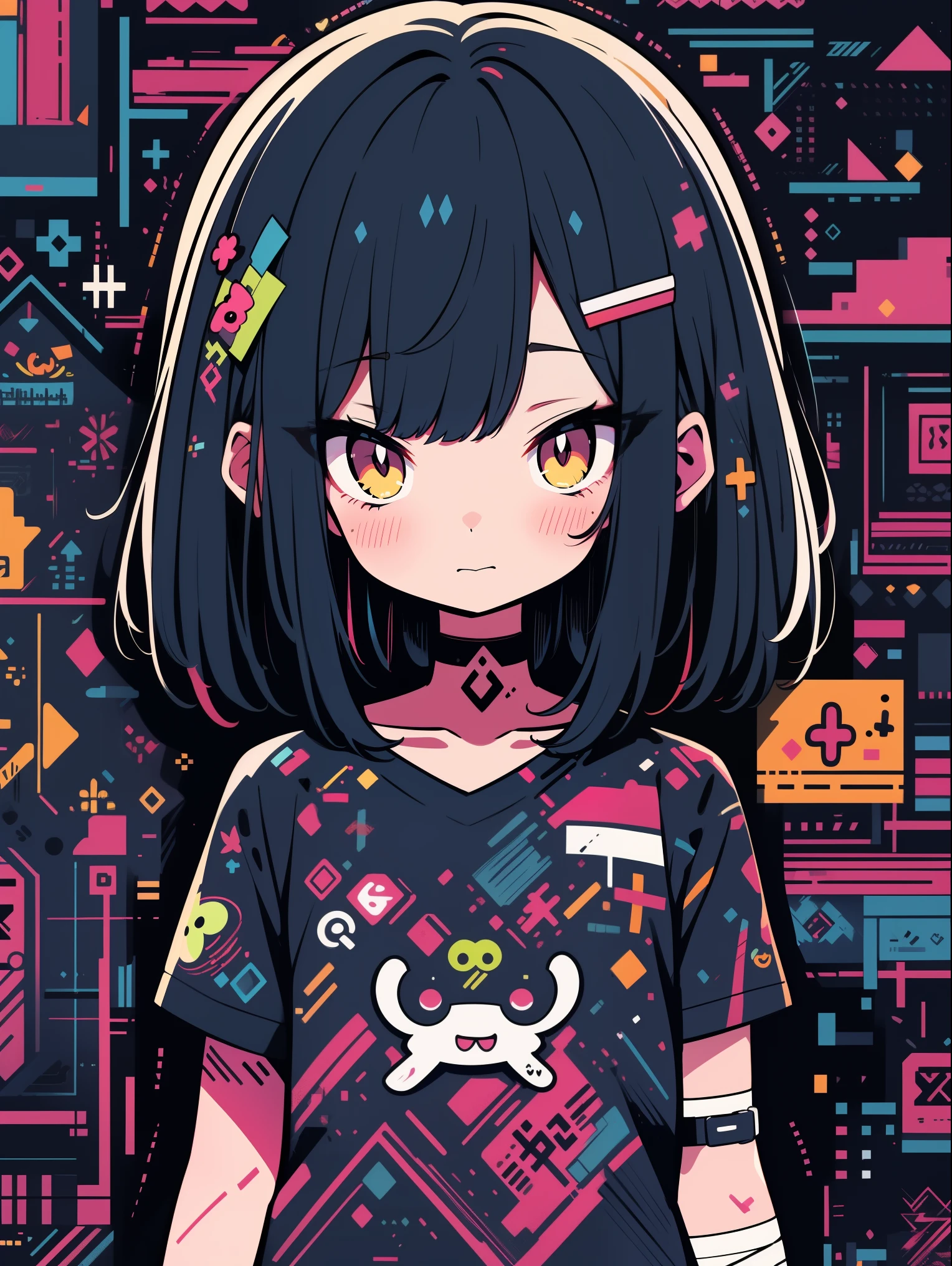 high quality、neon color palette、high level of image quality、kawaii girl、Unprecedented amount of drawing、anime style、geometric pattern background、sticker style、short hair、dark hair、brown eyes, messy hair, lethal, bandage, Upper body deep vbra,self harm, teacher, dark, depressed, bags under eyes, heavy eyes, dark eyes, Blood, crawl, eroteacher, dark circles, neon, eyestrain, glitch, High quality, scary,