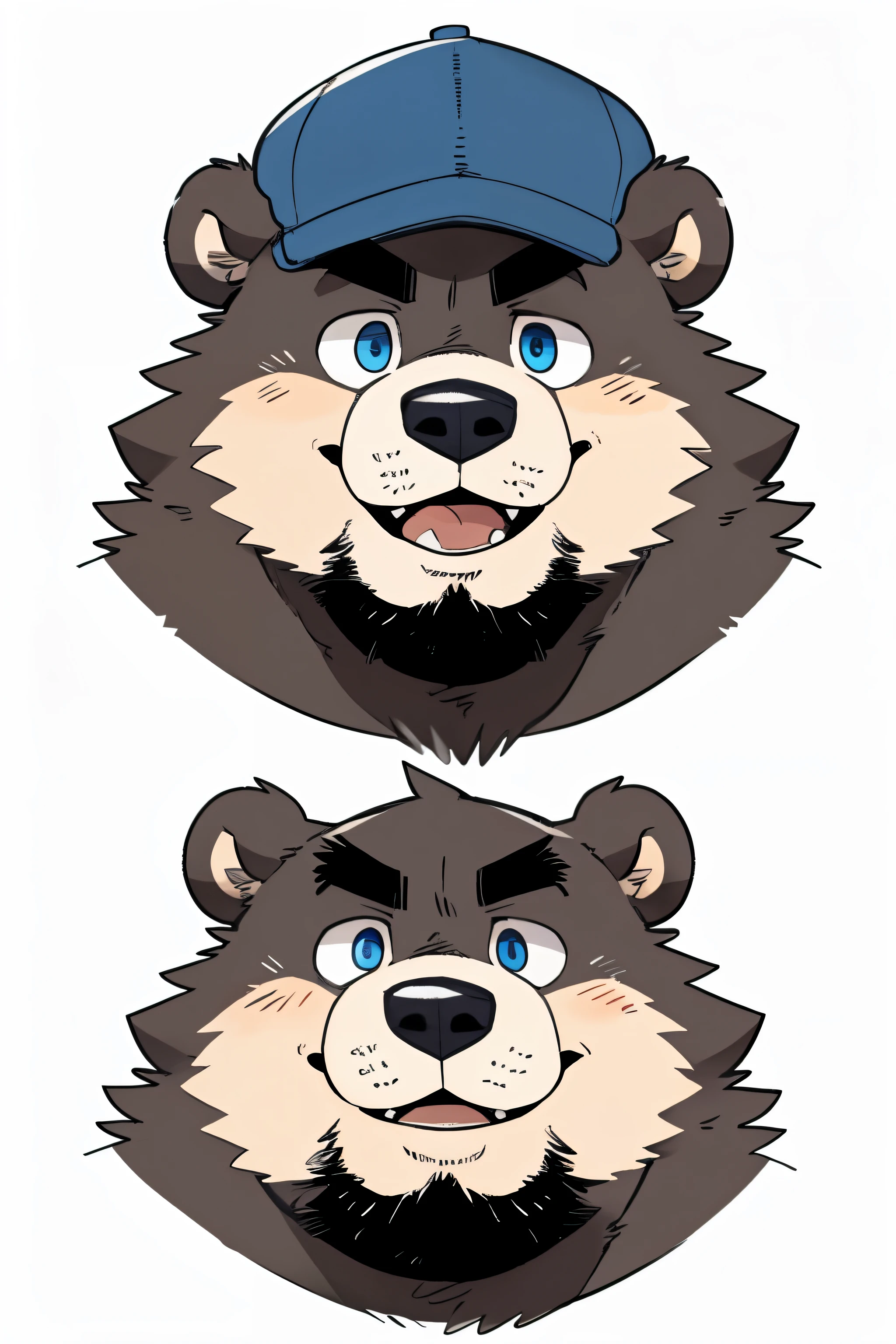 solo, Chubby, furry,male , (((with cap))), ((anthro bear, very plump, middle aged, very plump face , very fat face, very big face, very round face)) , no beard under nose,Thick beard, (((much beard))), seductive , detailed , extremely hot and sexy, clear detailed expressions (detailed eyes and mouth), (((medium shot, features))), ((( Stick figure))), (((portrait, headshot))), character sprite, cartoony, eye level camera, by hyaku ,by darkgem, by glitter trap boy, Face restoration (Perfect mouth,Correct mouth structure,perfect eyes,Correct eye structure), ((( correct lower lip)))