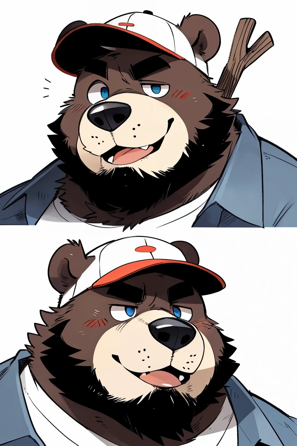 solo, Chubby, furry,male , (((with cap))), ((anthro bear, very plump, middle aged, very plump face , very fat face, very big face, very round face)) , no beard under nose,Thick beard, (((much beard))), seductive , detailed , extremely hot and sexy, clear detailed expressions (detailed eyes and mouth), (((medium shot, features))), ((( Stick figure))), (((portrait, headshot))), character sprite, cartoony, eye level camera, by hyaku ,by darkgem, by glitter trap boy, Face restoration (Perfect mouth,Correct mouth structure,perfect eyes,Correct eye structure), ((( correct lower lip)))